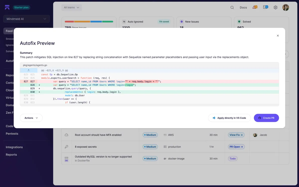 Aikido autofix preview modal showing a unified-diff SQL injection patch on agents.go line 827 replacing string concatenation with Sequelize named parameter placeholders, plus an Apply directly in VS Code button and Create PR action