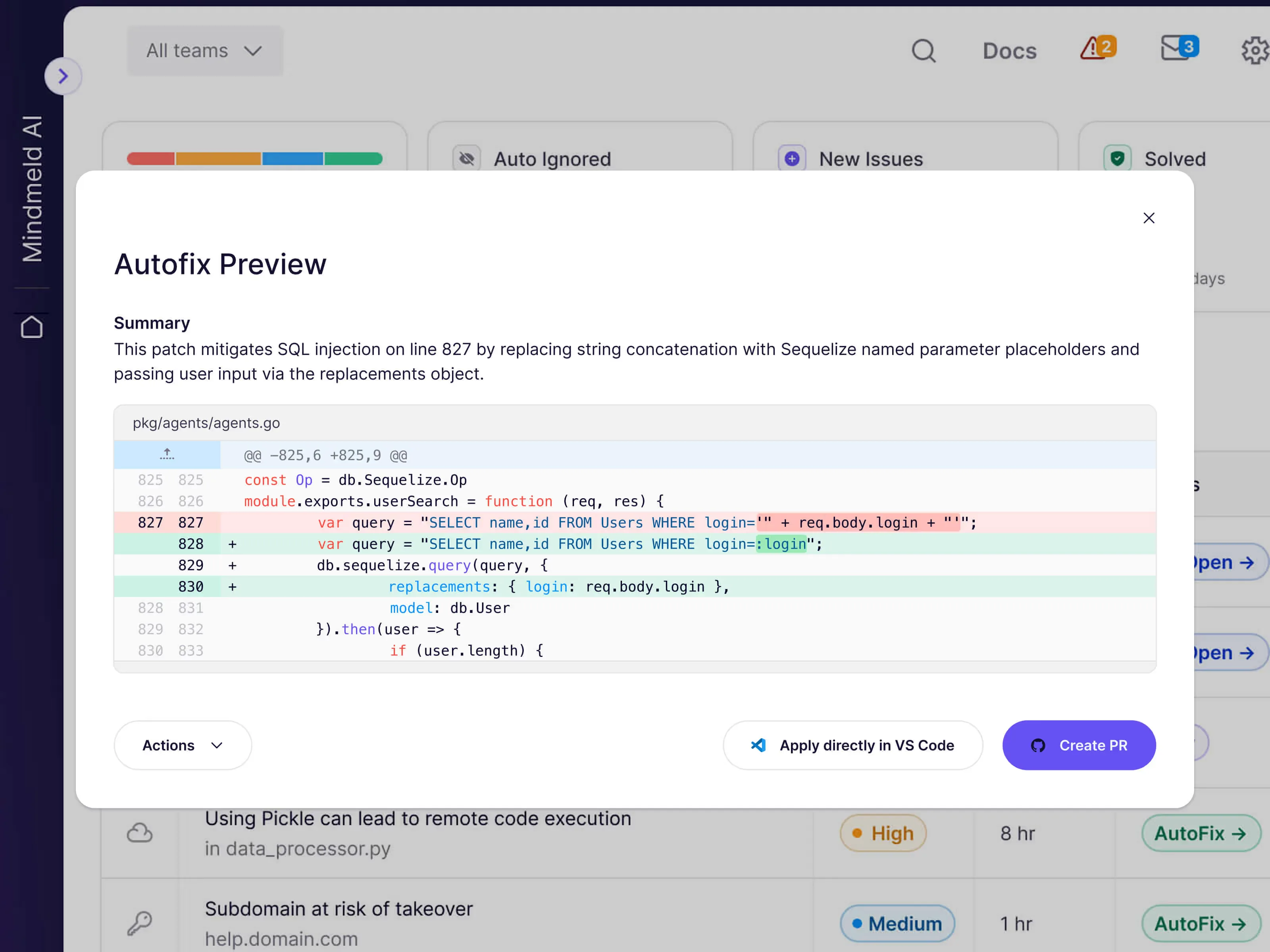 Aikido code scanning view with 789 open issues, 1310 auto-ignored, 18 new issues and 962 solved counters at top, plus a unified-diff autofix preview for SQL injection on agents.go line 827 with Apply in VS Code and Create PR actions