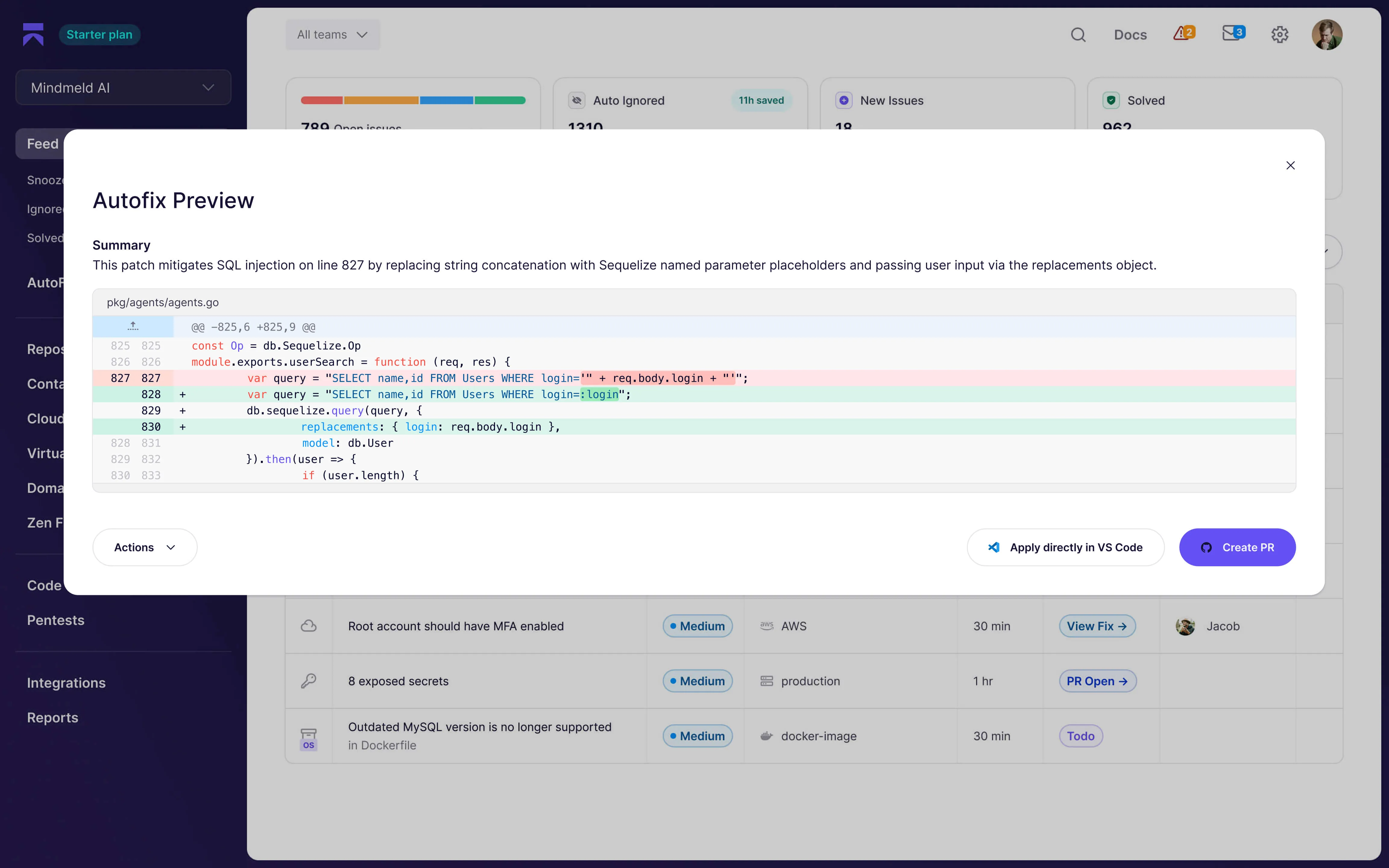 Aikido Security dashboard with sidebar showing Feed, Repositories, Containers, Cloud, Domains, Pentests and an autofix preview modal in the foreground proposing a SQL injection patch with Create PR action