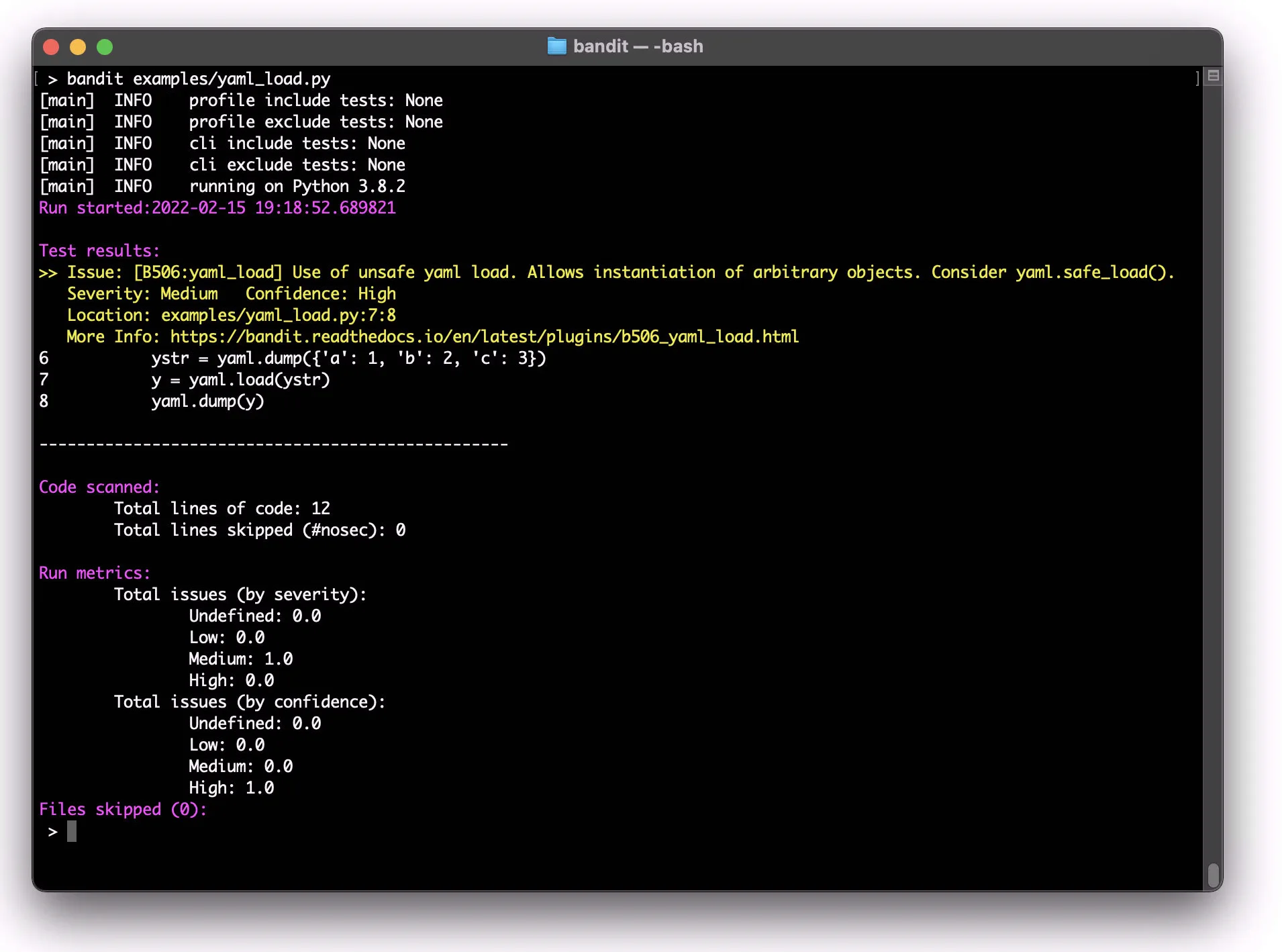 Bandit terminal output scanning examples/yaml_load.py: B506 yaml_load issue, severity Medium, confidence High, with code excerpt and run metrics