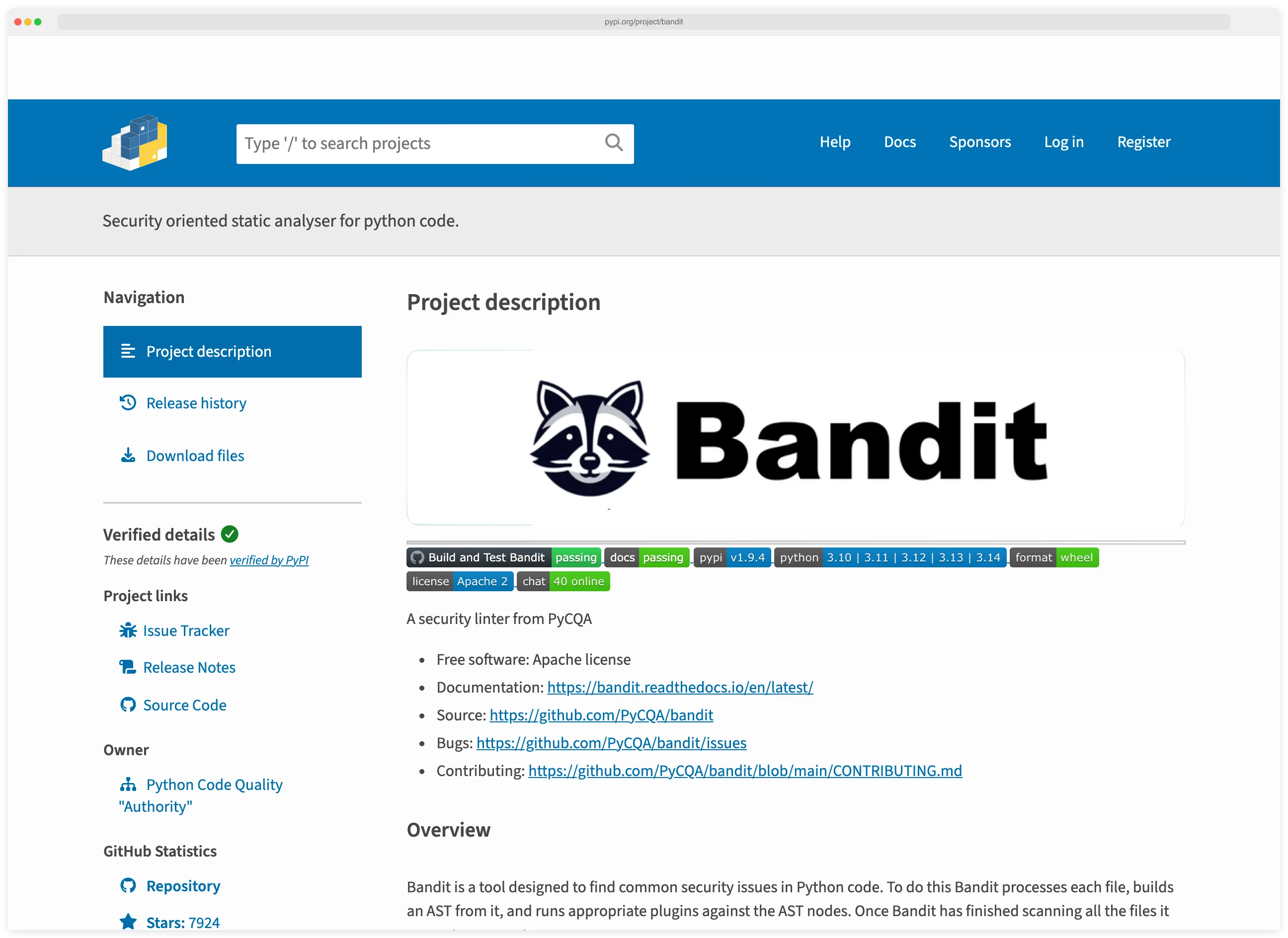 Bandit project page on PyPI showing version 1.9.4, Apache 2.0 license, supported Python versions 3.10 through 3.14, and links to PyCQA source repo