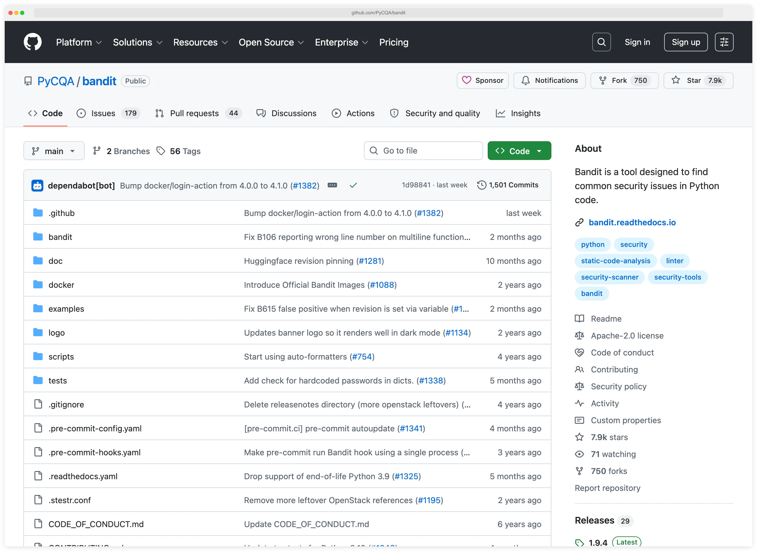 PyCQA/bandit GitHub repository file tree with directories for bandit, doc, examples, tests, and configuration files such as pre-commit hooks and tox config