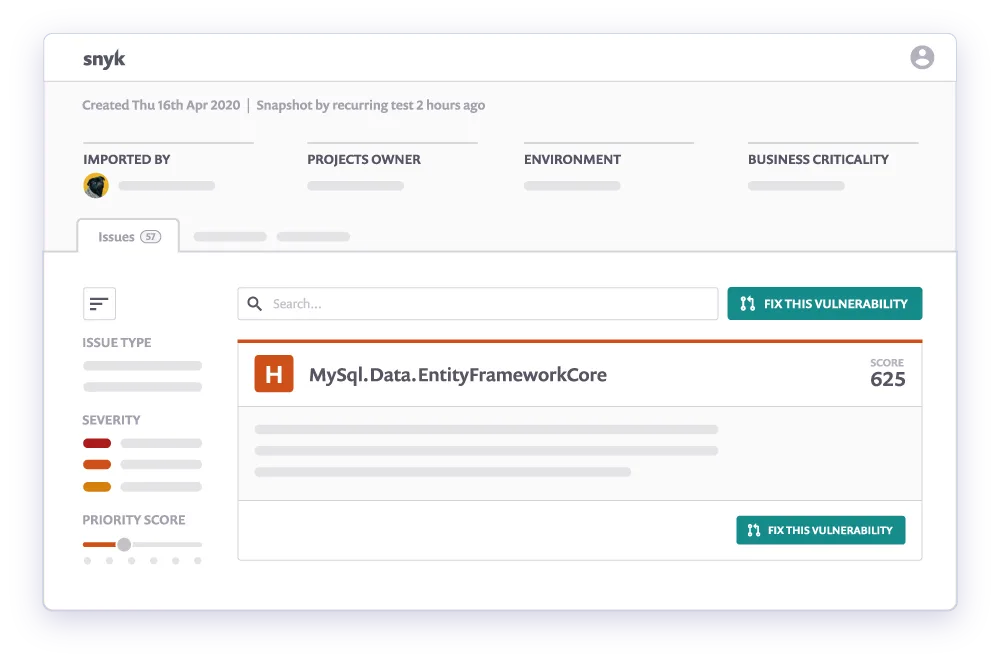Snyk web dashboard showing vulnerability monitoring with severity filters, priority score, and Fix This Vulnerability button for a high-severity dependency issue