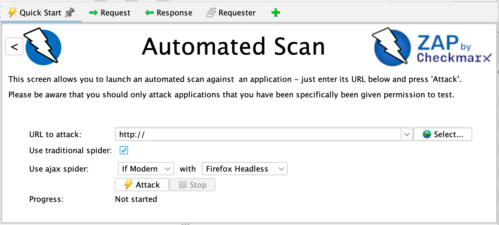 ZAP Automated Scan configuration screen with URL target input, traditional spider and AJAX spider options using Firefox Headless, and Attack/Stop controls