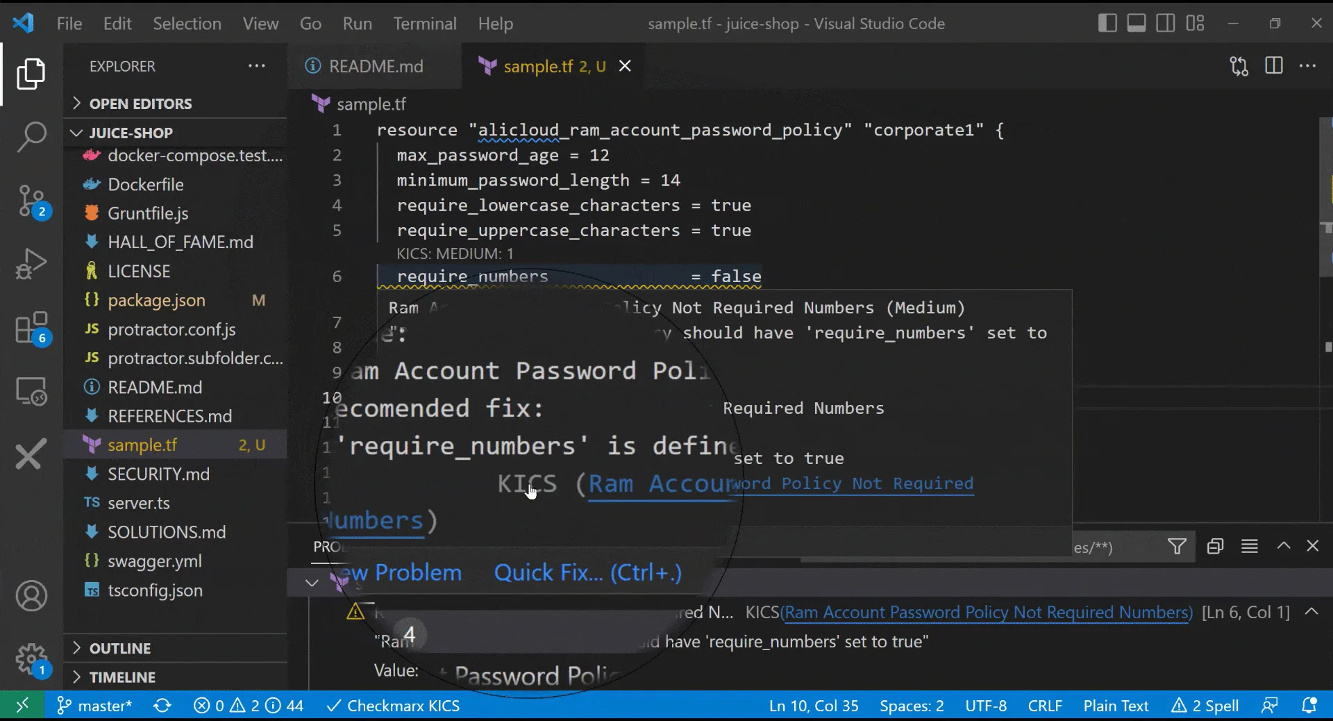 Checkmarx KICS auto-remediation in VS Code showing IaC vulnerability detection in a Terraform file with inline fix suggestion and Quick Fix option