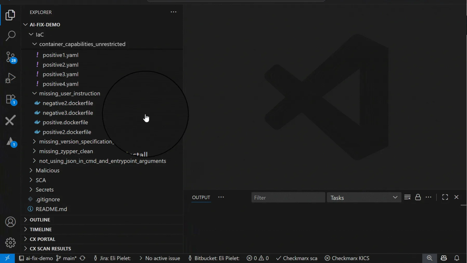 Checkmarx One VS Code extension showing project explorer with IaC, Malicious, SCA, and Secrets scan categories alongside KICS findings for Dockerfile and YAML configuration files