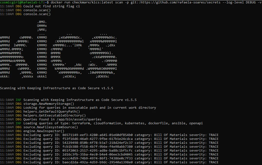 KICS CLI terminal output showing a scan in progress with query loading across Terraform, CloudFormation, Kubernetes, Dockerfile, Ansible, and OpenAPI platforms