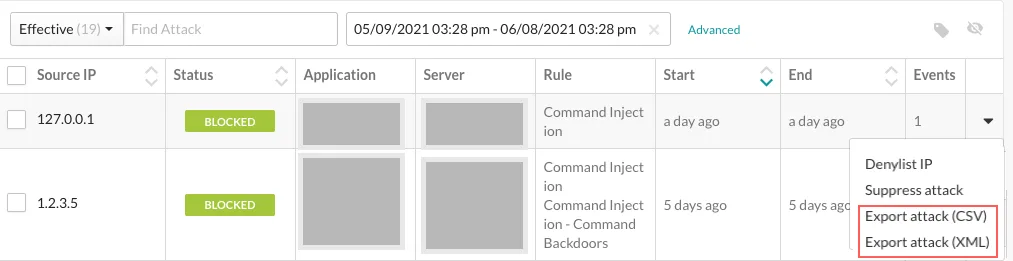 Contrast Protect attack monitoring dashboard showing blocked command injection attacks with source IP, status, rule type, timestamps, and export options