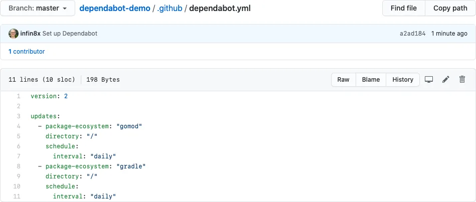 Dependabot YAML configuration file in a GitHub repository specifying package ecosystems, update schedule, and directory settings