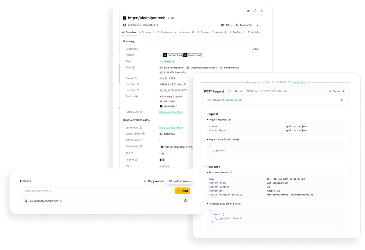 Escape shadow API detection view highlighting undocumented and forgotten endpoints across the attack surface