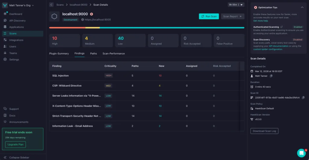 StackHawk scan details view showing findings breakdown by criticality including SQL injection and security header issues