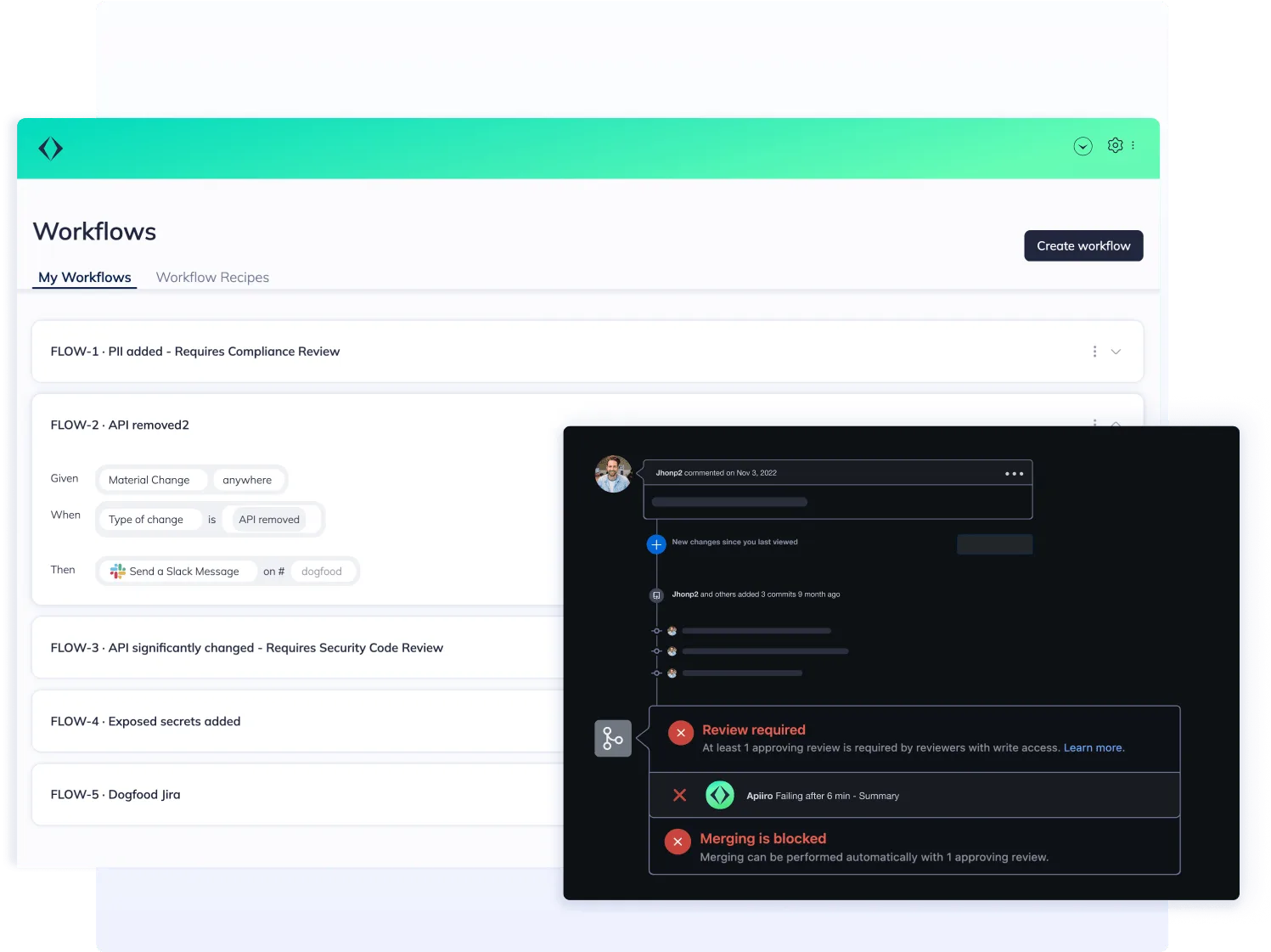 Apiiro automated workflows and contextual developer guardrails with PR-level risk blocking and Slack notifications