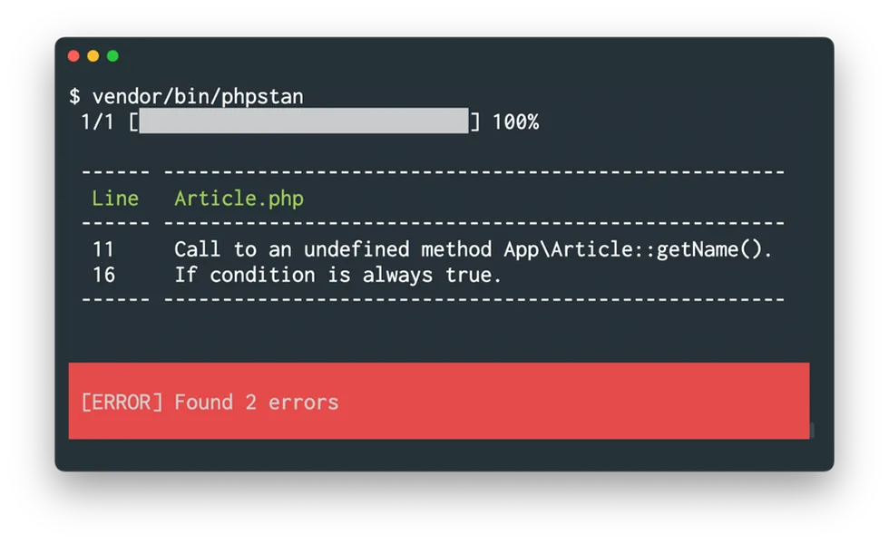 PHPStan CLI output showing analysis progress bar, file being analyzed, and error report with line numbers identifying an undefined method call and an always-true condition