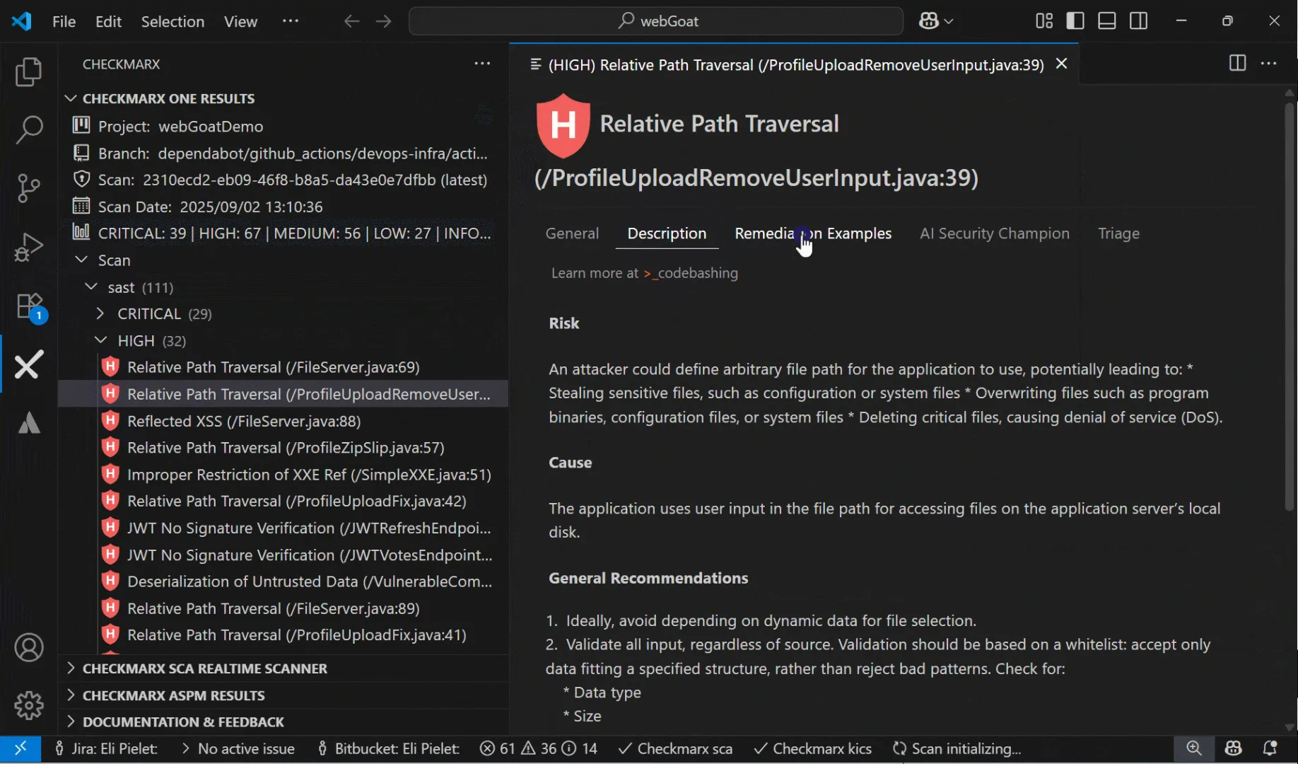 Checkmarx One scan results view showing vulnerability findings including Relative Path Traversal, with severity classification, remediation guidance, and risk description panel
