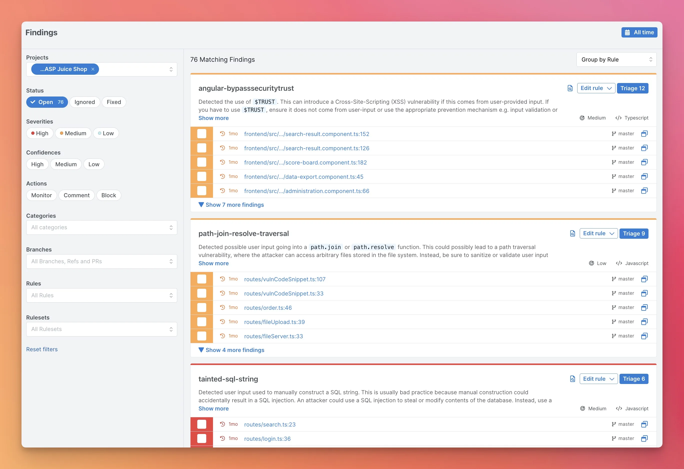 Semgrep AppSec Platform findings dashboard showing 76 matching findings grouped by rule, with severity levels, triage controls, and file-level scan results across branches