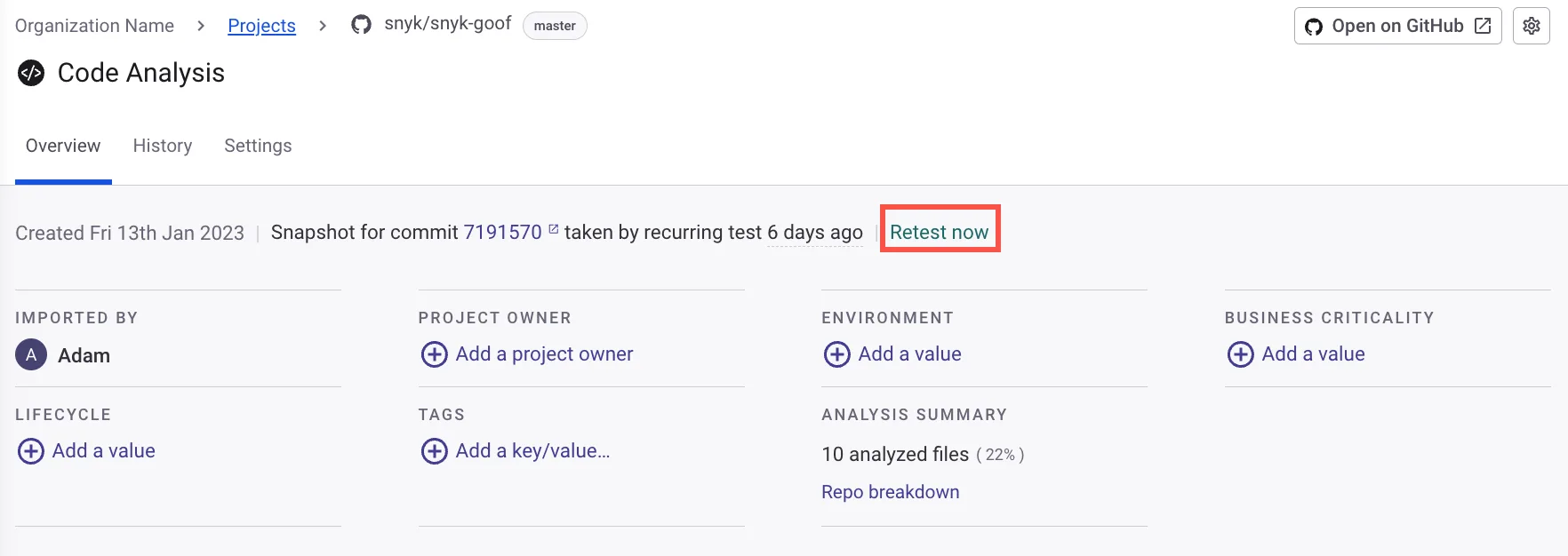 Snyk Code scan results showing code analysis findings with retest options and vulnerability details