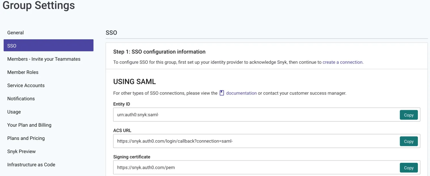 Snyk Group Settings SSO panel showing Step 1 SSO configuration information section with USING SAML heading and three copyable fields: Entity ID, ACS URL, and Signing certificate, alongside left-nav items General, SSO, Members, Member Roles, Service Accounts, Notifications, Usage