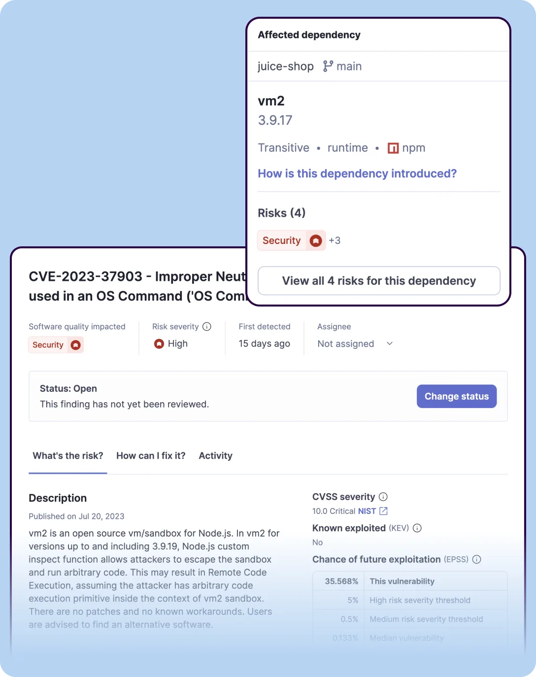 SonarQube SCA dependency analysis showing affected dependency details, CVE information, CVSS severity scoring, and risk assessment
