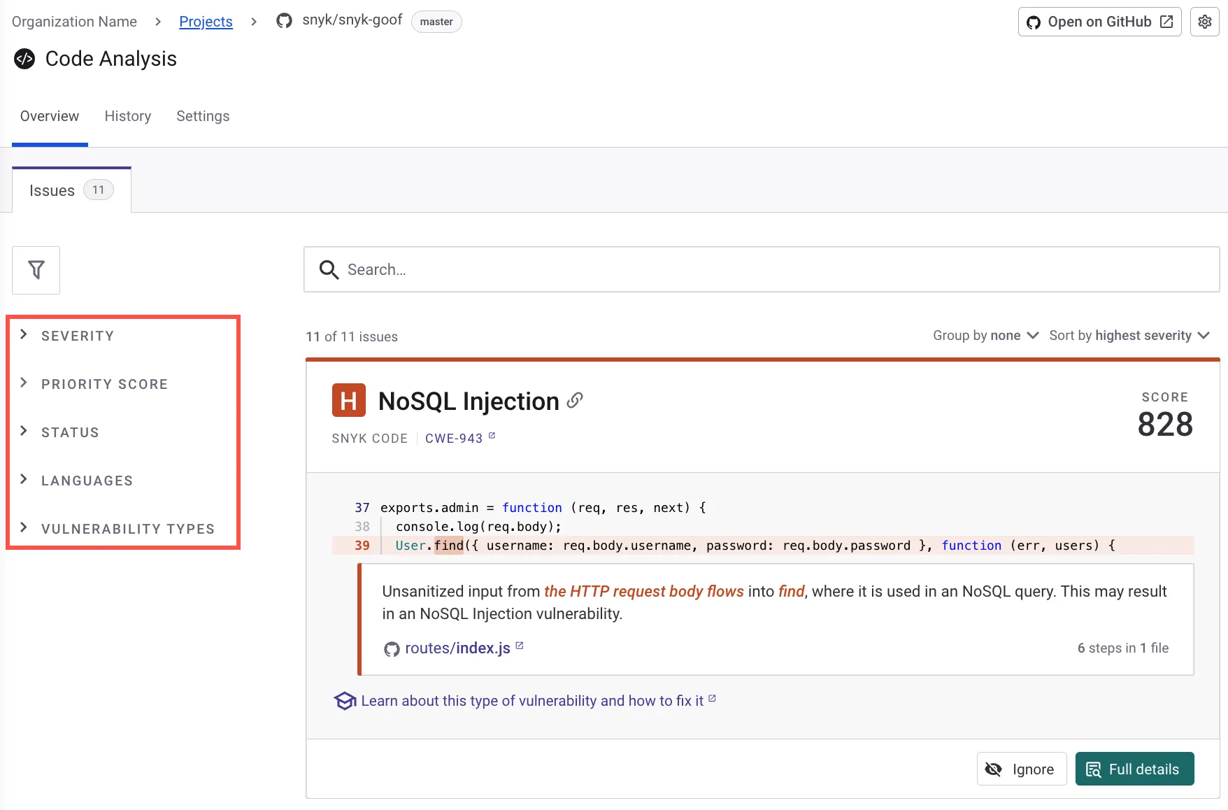 Snyk Code vulnerability findings showing a NoSQL Injection with CWE mapping, data flow, and severity scoring