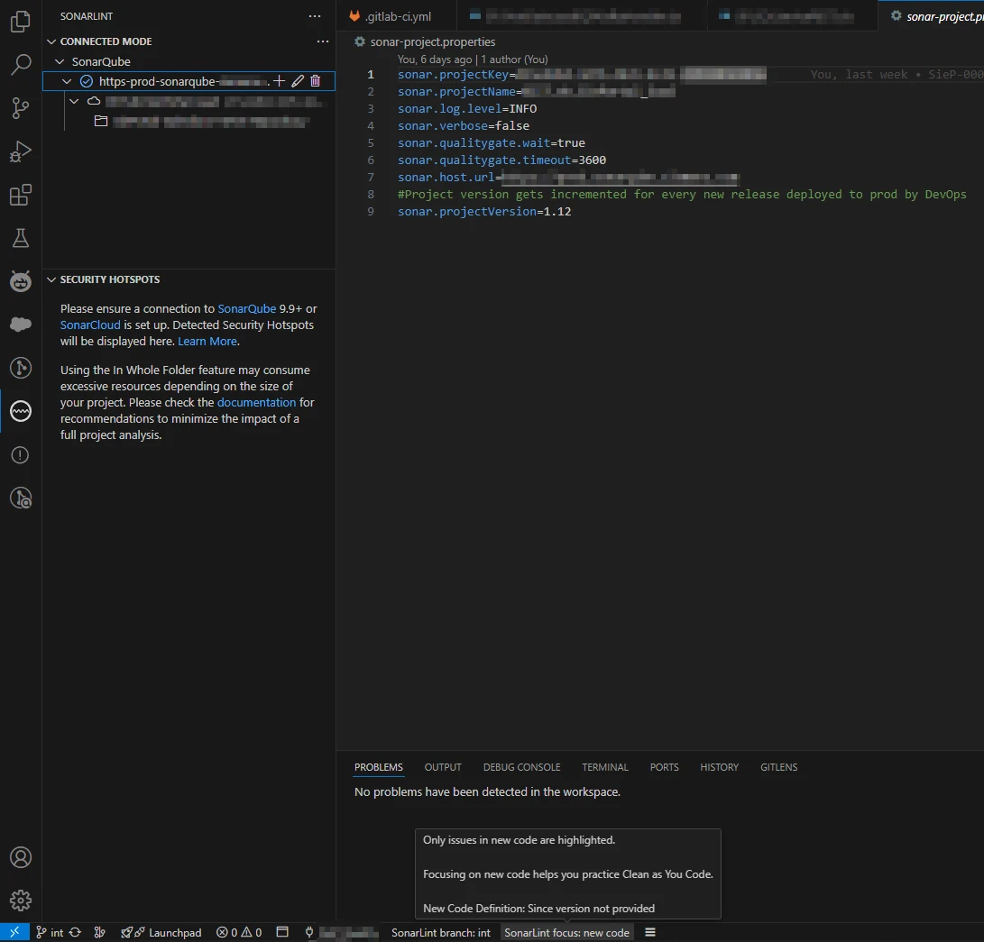 VS Code SonarLint side panel showing a Connected Mode binding to a SonarQube Server URL with a redacted project key, plus an editor showing the synced sonar-project.properties file