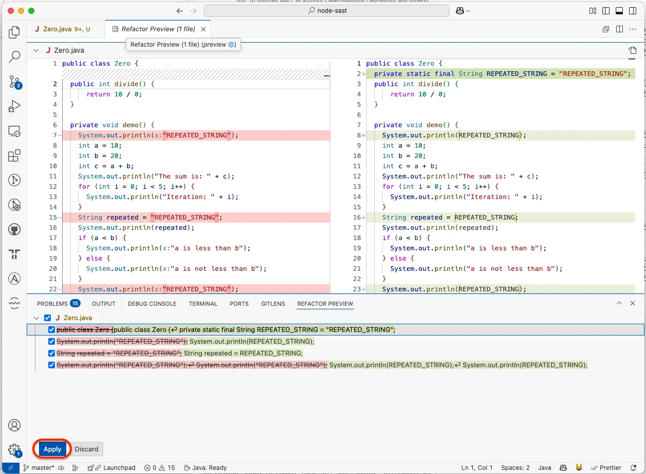 SonarLint inside VS Code showing a Refactor Preview tab with side-by-side diff and a highlighted Apply button — the inline quick-fix the IDE plugin offers for repeated string literals