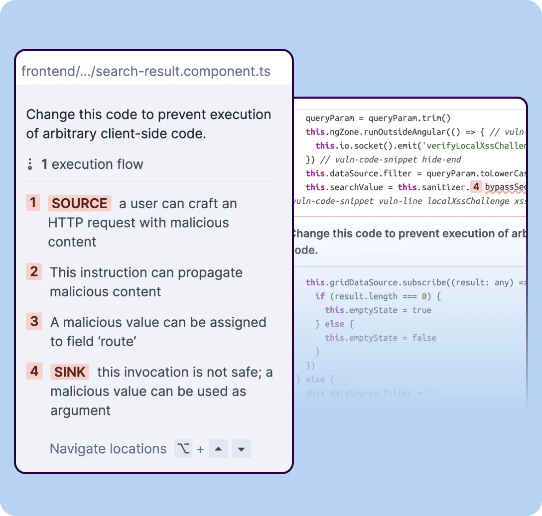 SonarQube taint analysis tracing cross-file data flow from source to sink with step-by-step navigation