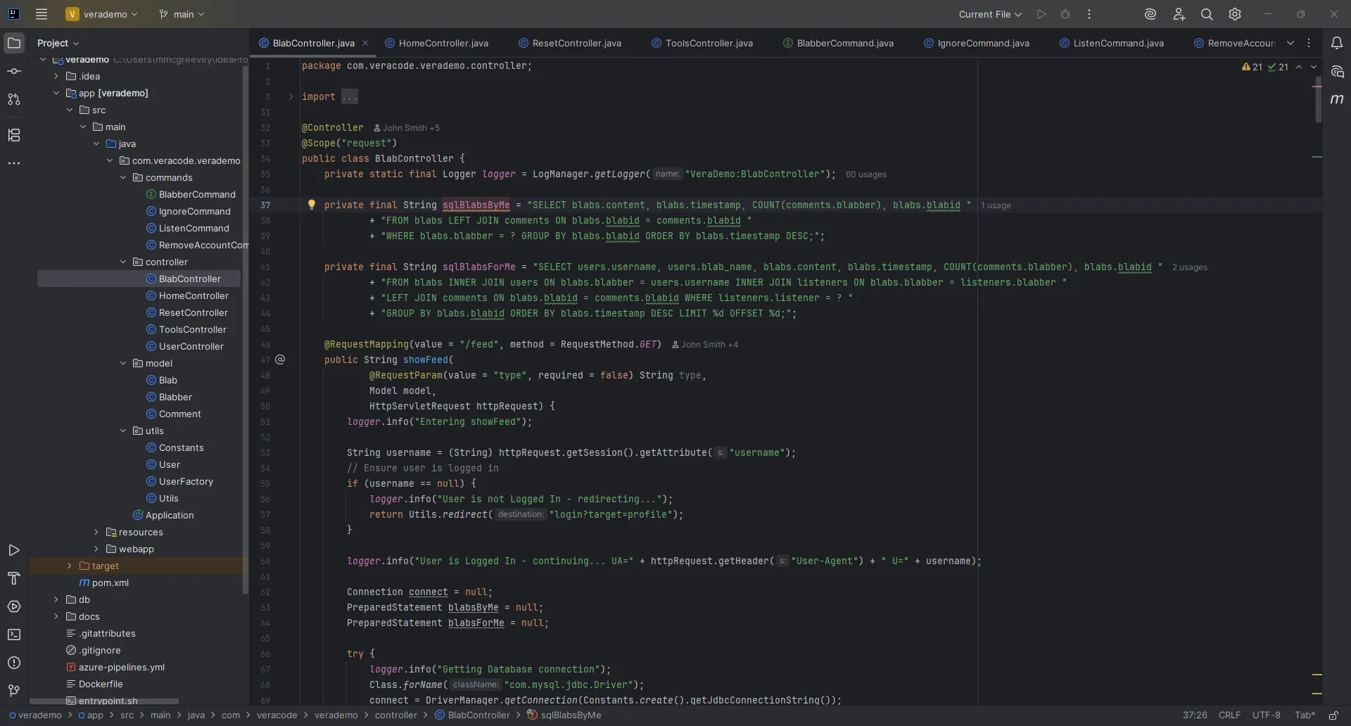 Veracode source code scanning view showing Java application code with security annotations in an IDE-like interface