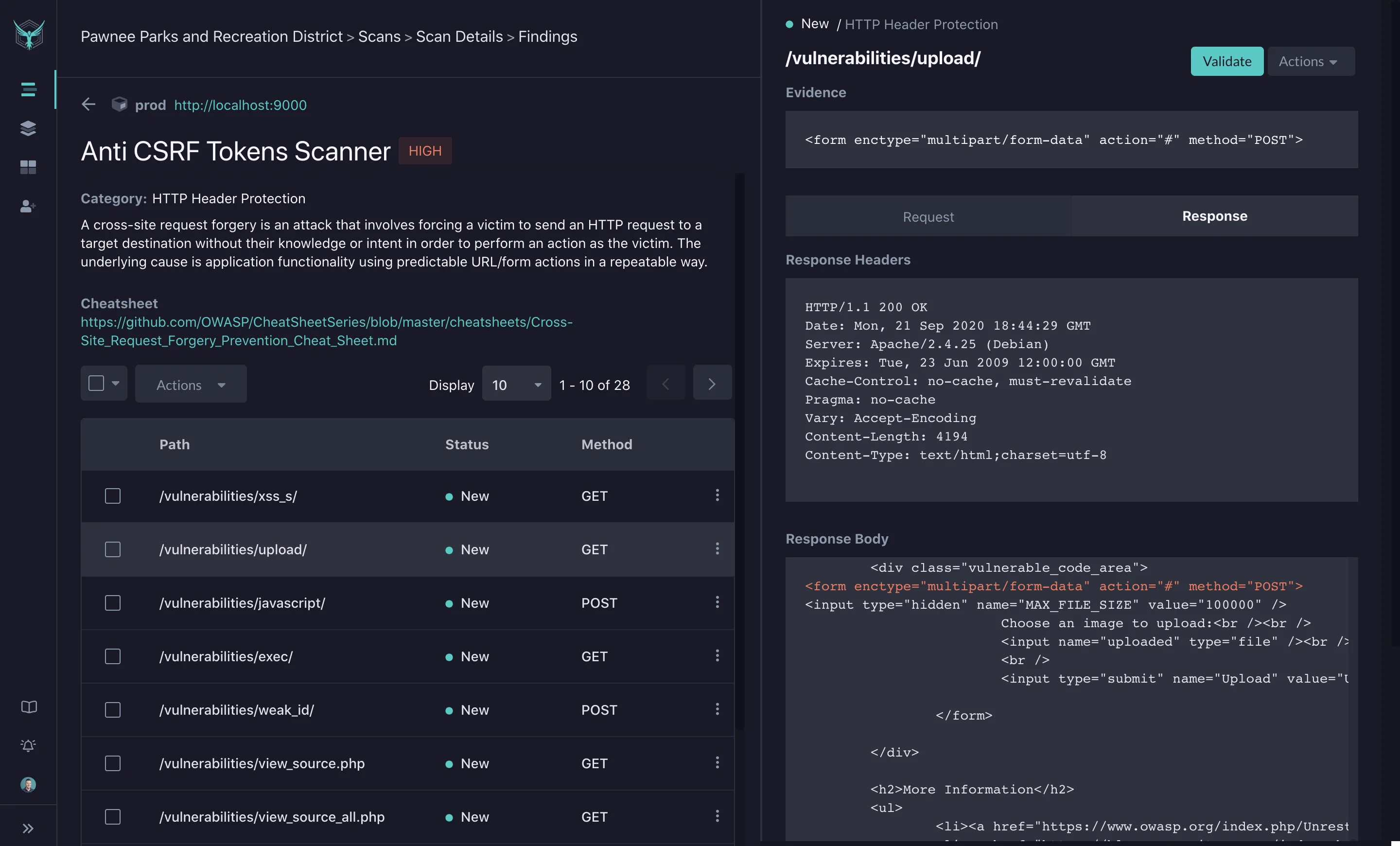 StackHawk finding details showing Anti CSRF Tokens Scanner vulnerability with request/response evidence and remediation guidance