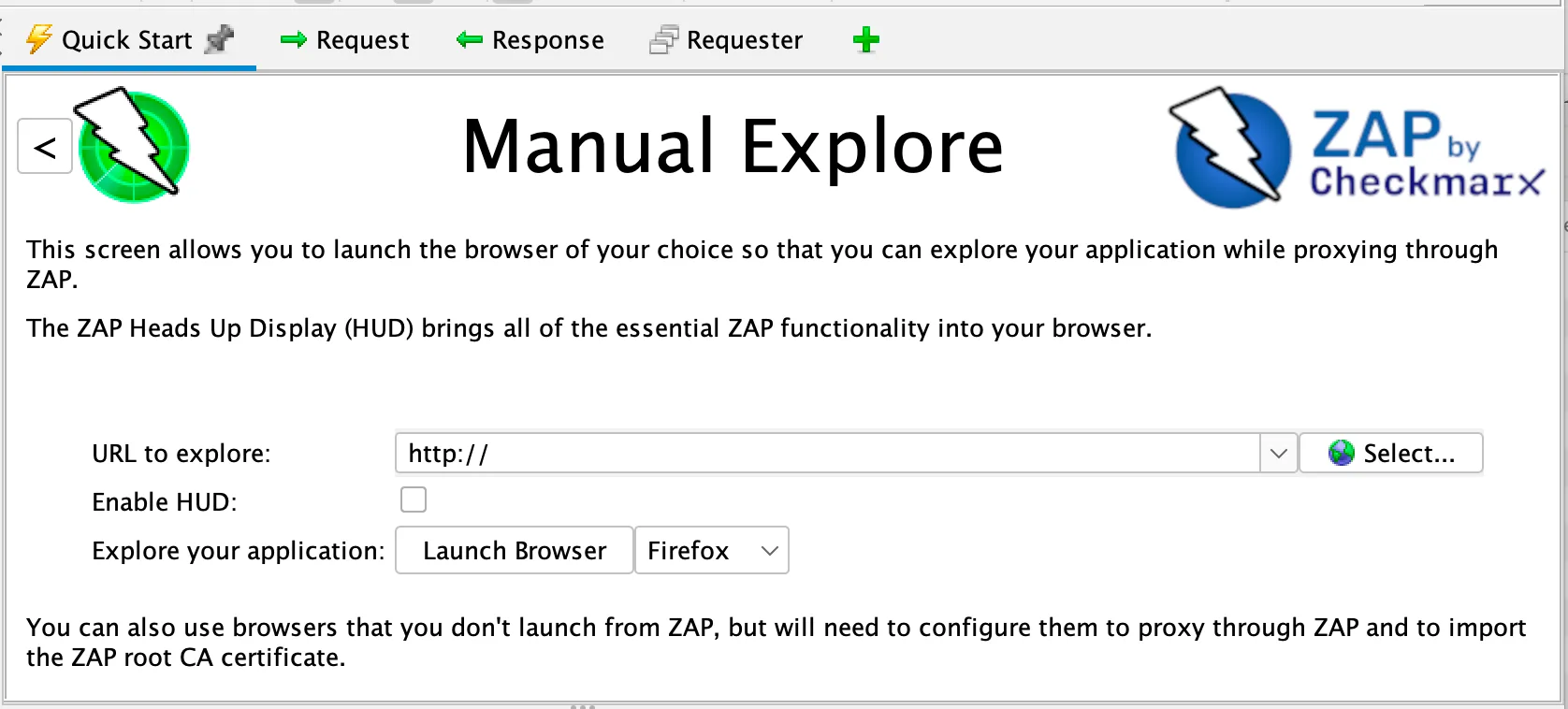 ZAP Manual Explore mode allowing manual browsing of a target URL with browser-based traffic interception
