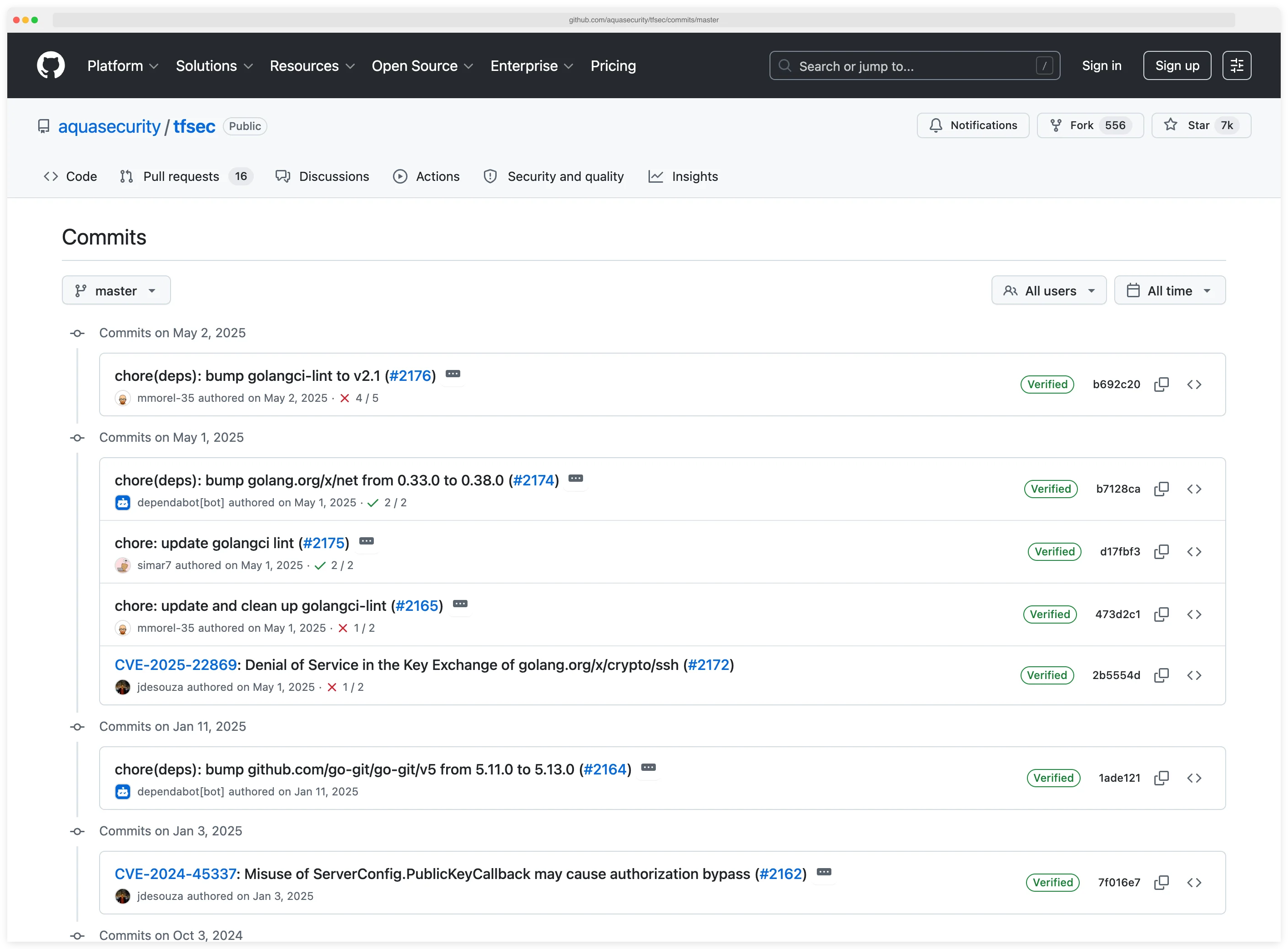 github.com/aquasecurity/tfsec commits view dominated by chore(deps) bump messages from dependabot in May and January 2025, no new misconfiguration rule commits