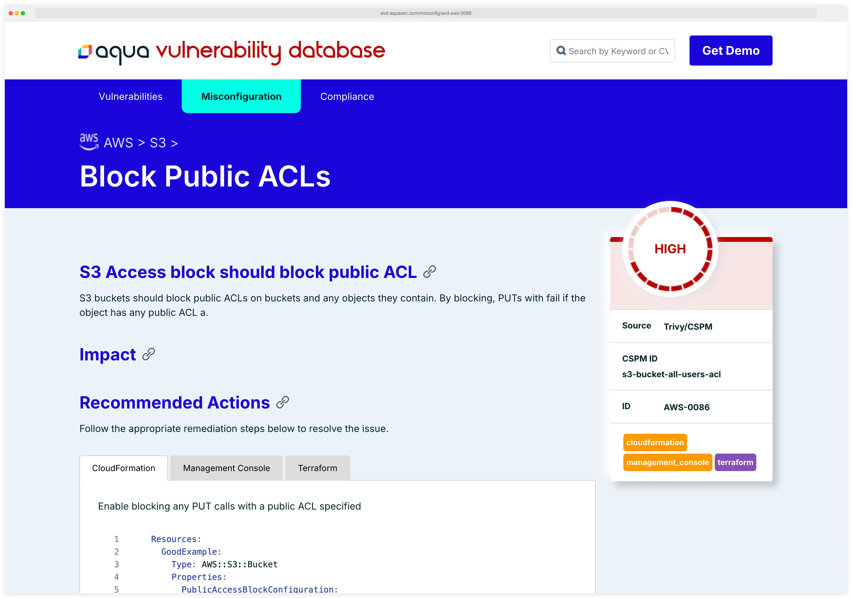 avd.aquasec.com page for AVD-AWS-0086 Block Public ACLs, showing CSPM source Trivy/CSPM, the legacy CSPM ID, and Terraform/CloudFormation/Management Console code examples