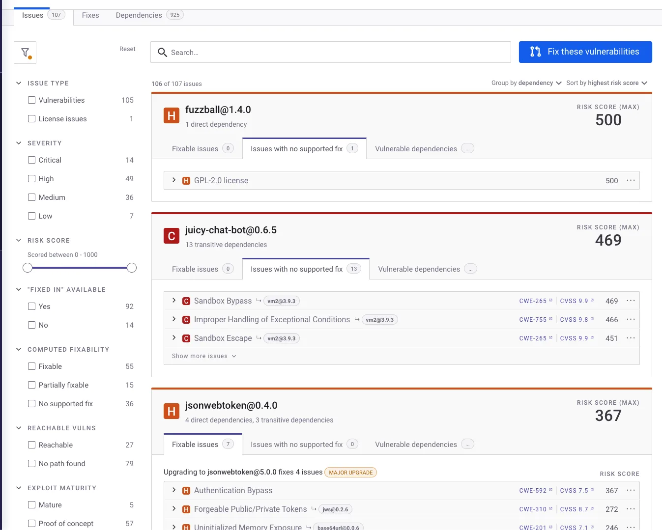 Snyk vulnerability dashboard showing dependency issues grouped by severity with filtering and fix options