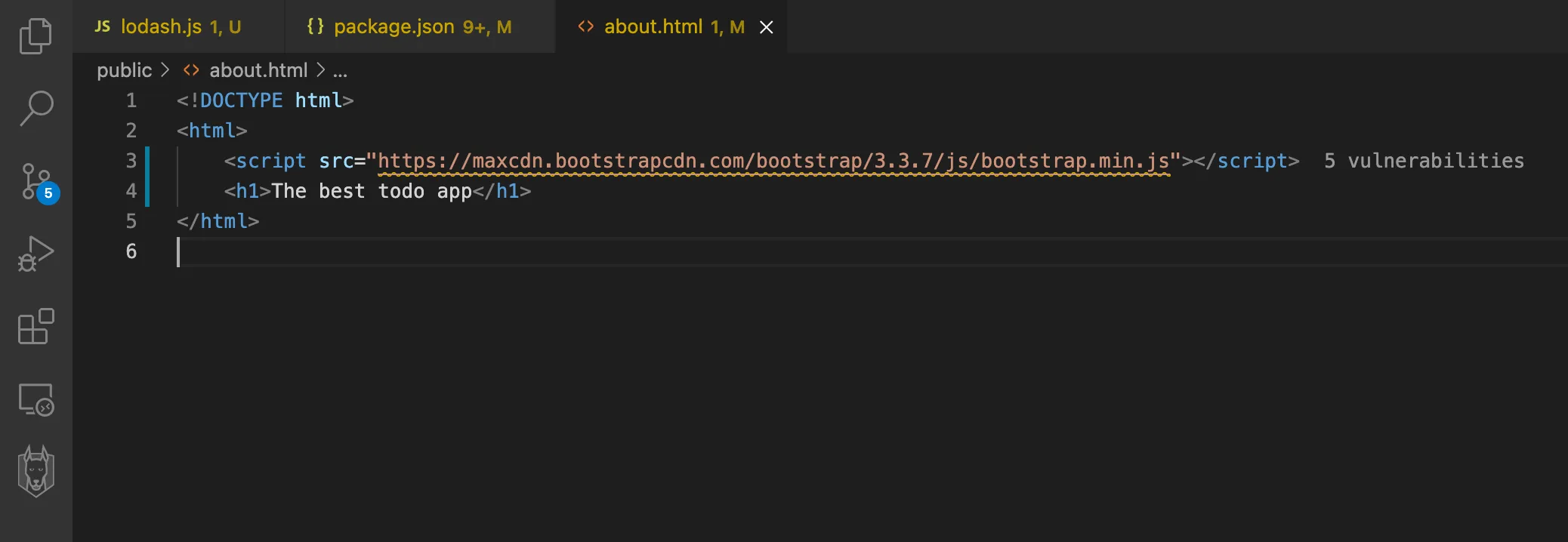Snyk Open Source editor view showing vulnerability details with inline code context and remediation options