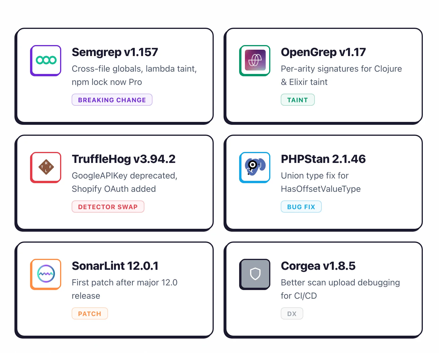 SAST releases this week: Semgrep improves taint and moves npm lock to Pro, OpenGrep adds Clojure/Elixir taint signatures, TruffleHog swaps Google for Shopify detector, PHPStan union fix, SonarLint patch, Corgea CI/CD debugging