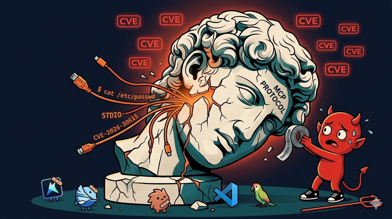 Illustrated Michelangelo's David statue labeled MCP PROTOCOL cracking open, with orange STDIO cables spilling shell commands and CVE-2026-30615 text, a red devil mascot trying to patch it with tape that reads 'sanitize = dev's job', and small bandaged logos of Cursor, Windsurf, VS Code, and a LangChain parrot at the base