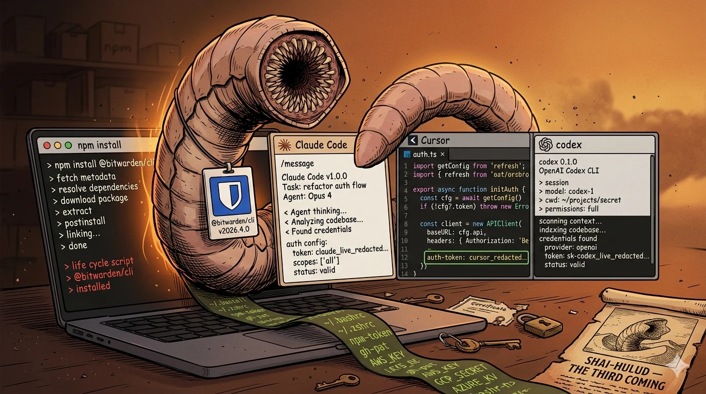 Hand-drawn editorial illustration of a Dune-style sandworm bursting up from an npm-install terminal on a developer's laptop, wearing a delivery-courier badge with the Bitwarden navy shield and @bitwarden/cli v2026.4.0, with Claude Code, Cursor, and OpenAI Codex windows tiled across the screen showing harvested auth tokens, a green code-text exfiltration ribbon spilling onto the desk, and a SHAI-HULUD — The Third Coming parchment in the lower right