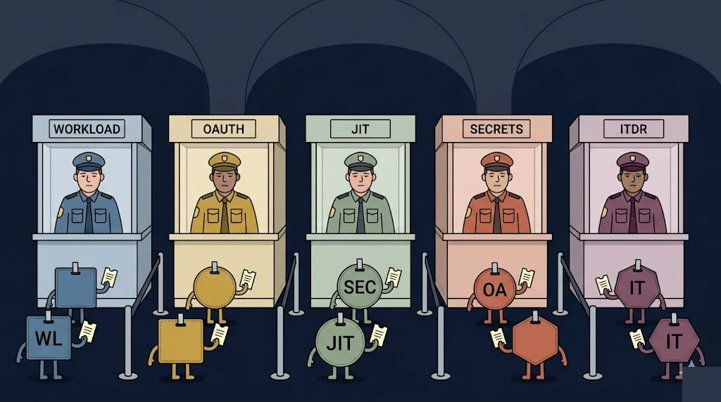 Five border-crossing booths labeled WORKLOAD, OAUTH, JIT, SECRETS, and ITDR. Anthropomorphized identity badges queue at each booth; most are visibly in the wrong queue.