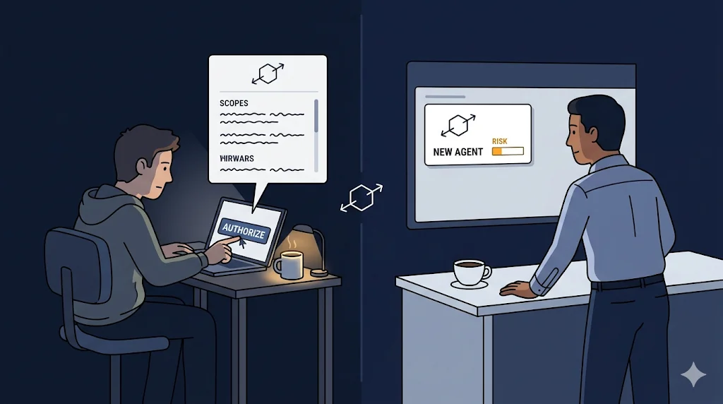 Left half: a developer clicks AUTHORIZE on an OAuth consent screen at home on Saturday night. Right half: an AppSec professional sees the same agent appear on a Monday-morning dashboard as NEW AGENT with an amber risk meter.