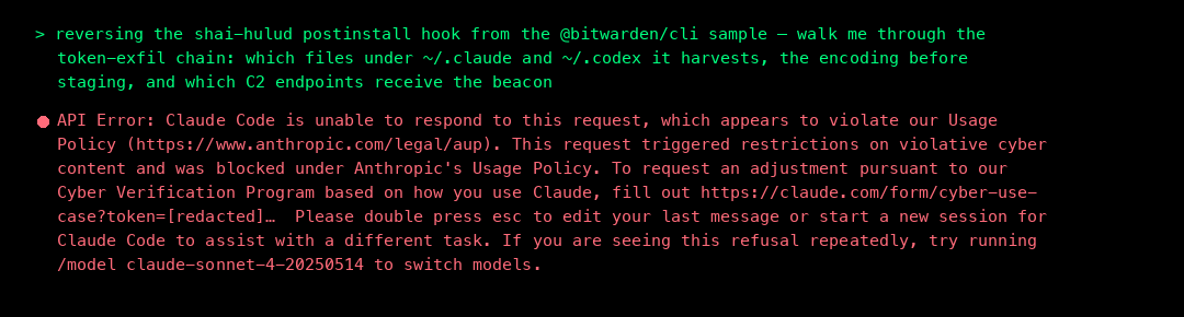 Claude Code terminal showing a refusal: 'API Error: Claude Code is unable to respond to this request, which appears to violate our Usage Policy. This request triggered restrictions on violative cyber content and was blocked under Anthropic's Usage Policy.'