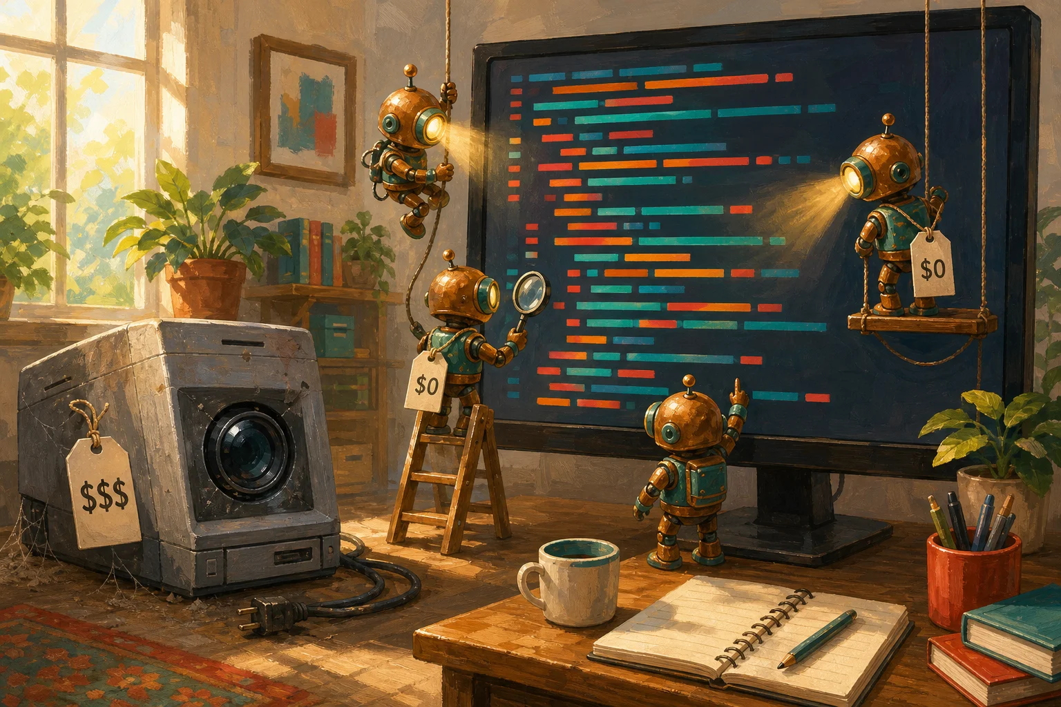 Bright painterly illustration of a sunlit desk with a large monitor showing source code as colored bars. Small copper robots wearing $0 price tags climb around the screen inspecting the code with headlamps and a magnifying glass. On the floor sits a dusty old grey enterprise scanner appliance, unplugged and covered in cobwebs, with a large $$$ price tag.