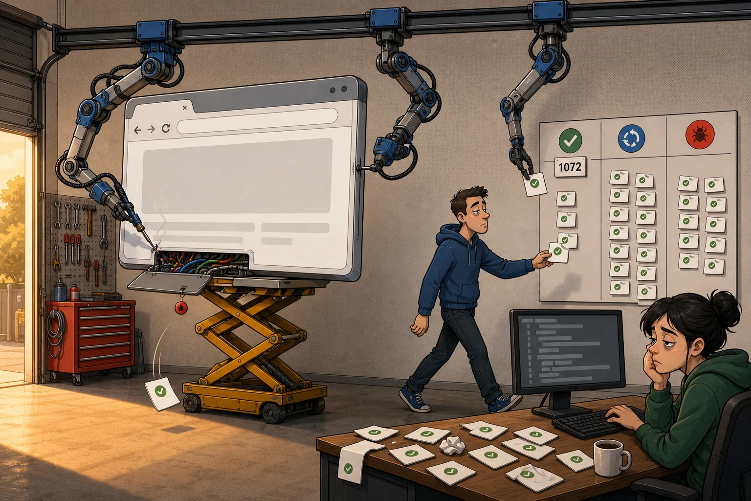 Editorial illustration of a development office with an industrial repair bay built into one end. A yellow scissor lift hoists a large browser window into the air while two robotic arms repair it, one soldering inside its open underside panel and one driving a fastener into the frame. A red bug badge hangs from that open panel and a green check card has peeled off and is falling. A third arm reaches across the room and lowers a green check card into the leftmost done column of a sprint board, under a counter tile reading 1072, but only four cards sit in that column while the rework and bug columns beside it hold fifteen and ten. A tired developer walks away from the done column carrying a green check card toward the bug column, and a tired woman at a desk in the foreground writes code beside a messy drift of crumpled green check cards.