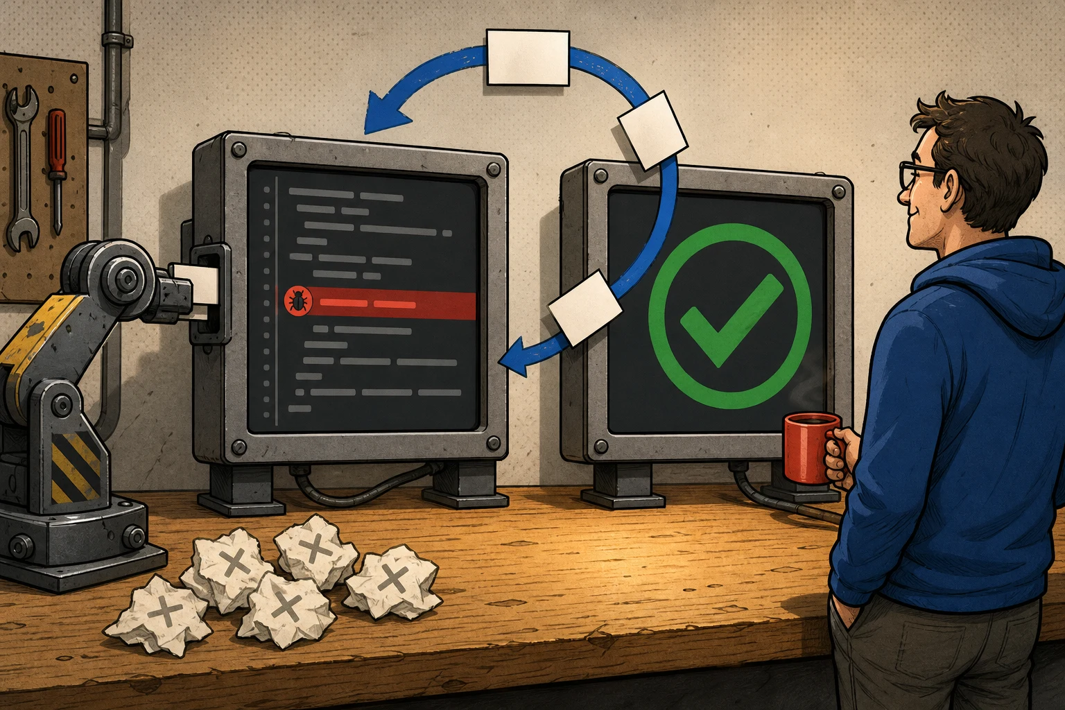 Editorial illustration of two industrial display panels standing on a workbench. The left shows a code editor with one row inside a red band and a bug badge at its start. The right shows a large green check mark. A machine arm feeds patch cards into the left panel while a blue arrow loops from the right panel back into that slot carrying three cards, and five crumpled rejected cards marked with crosses lie heaped on the bench. A developer holding a mug stands at the right looking at the green check, turned away from the red row.