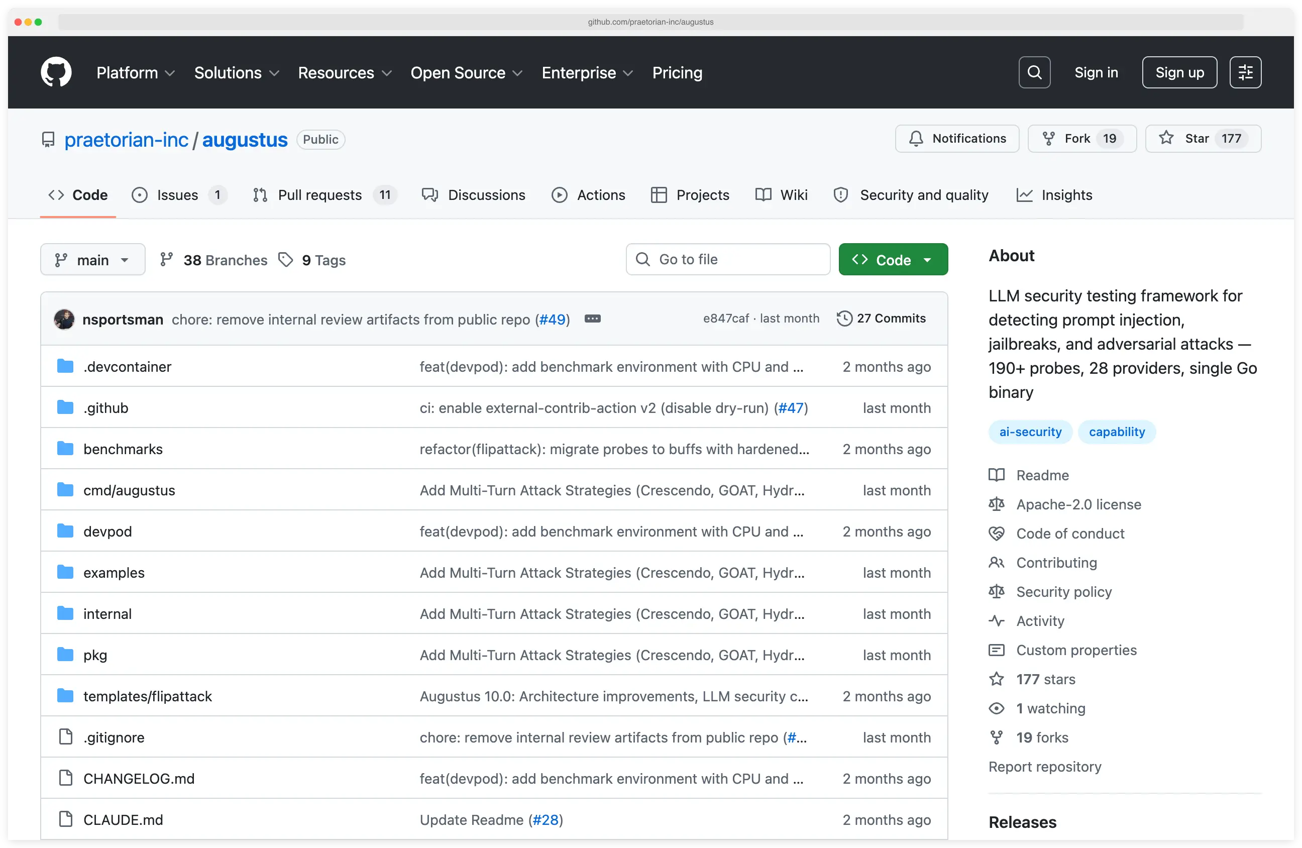 Augustus repository page showing the LLM vulnerability scanner with attack playbooks