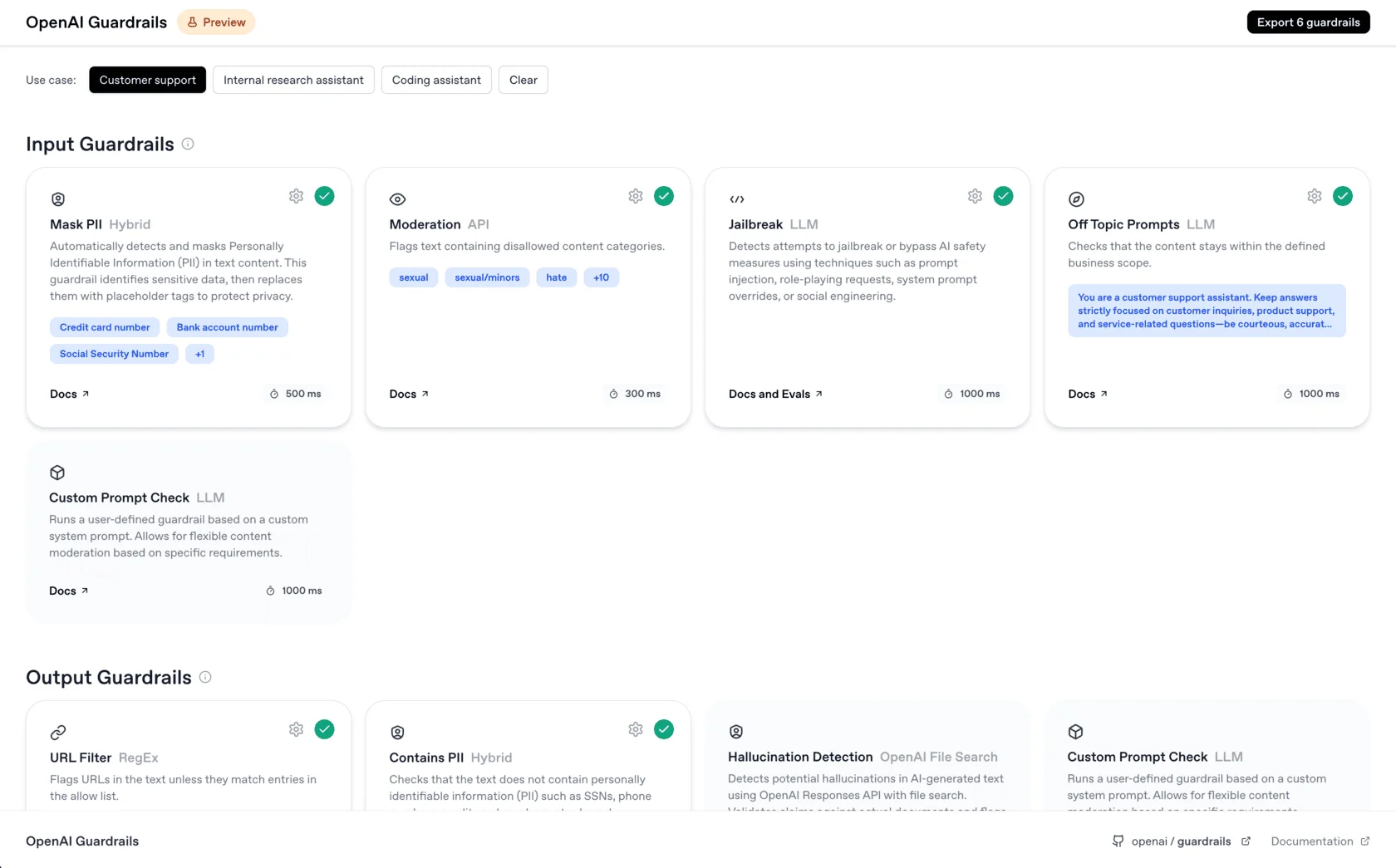 OpenAI Guardrails config panel showing input and output validation for agents