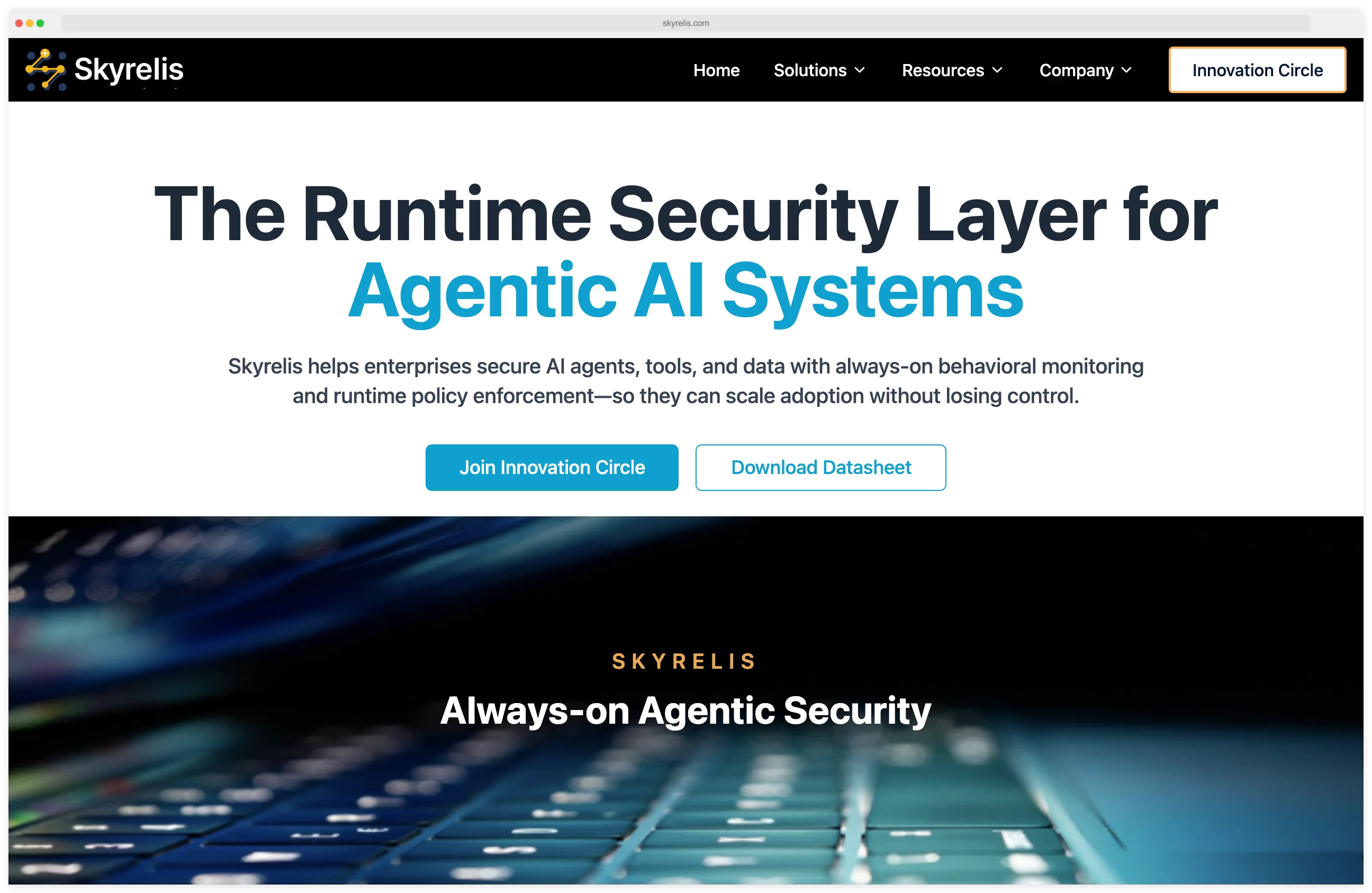 Skyrelis home page showing always-on security for LLM multi-agent workflows