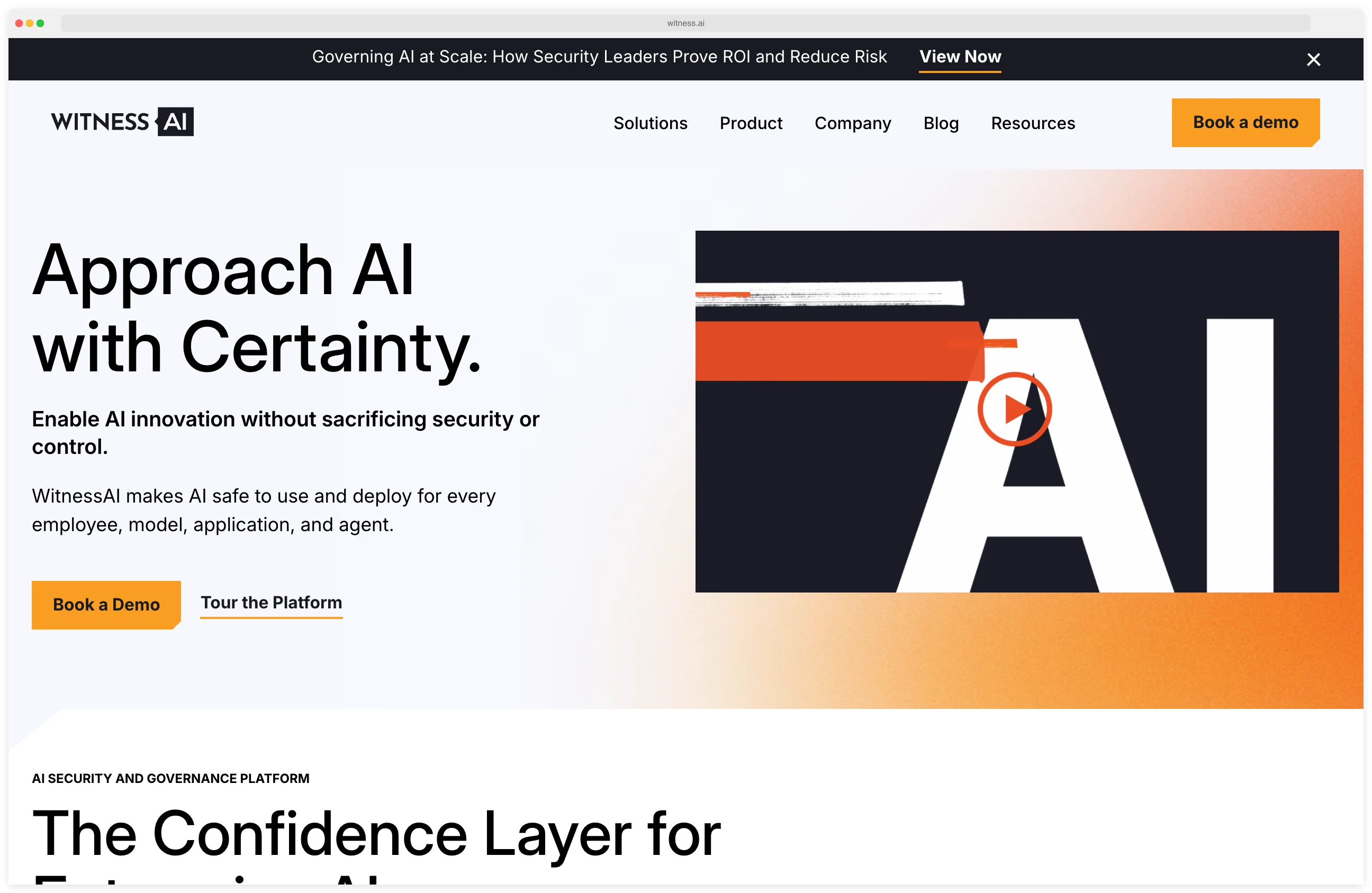 WitnessAI hero page showing the AI security and governance platform