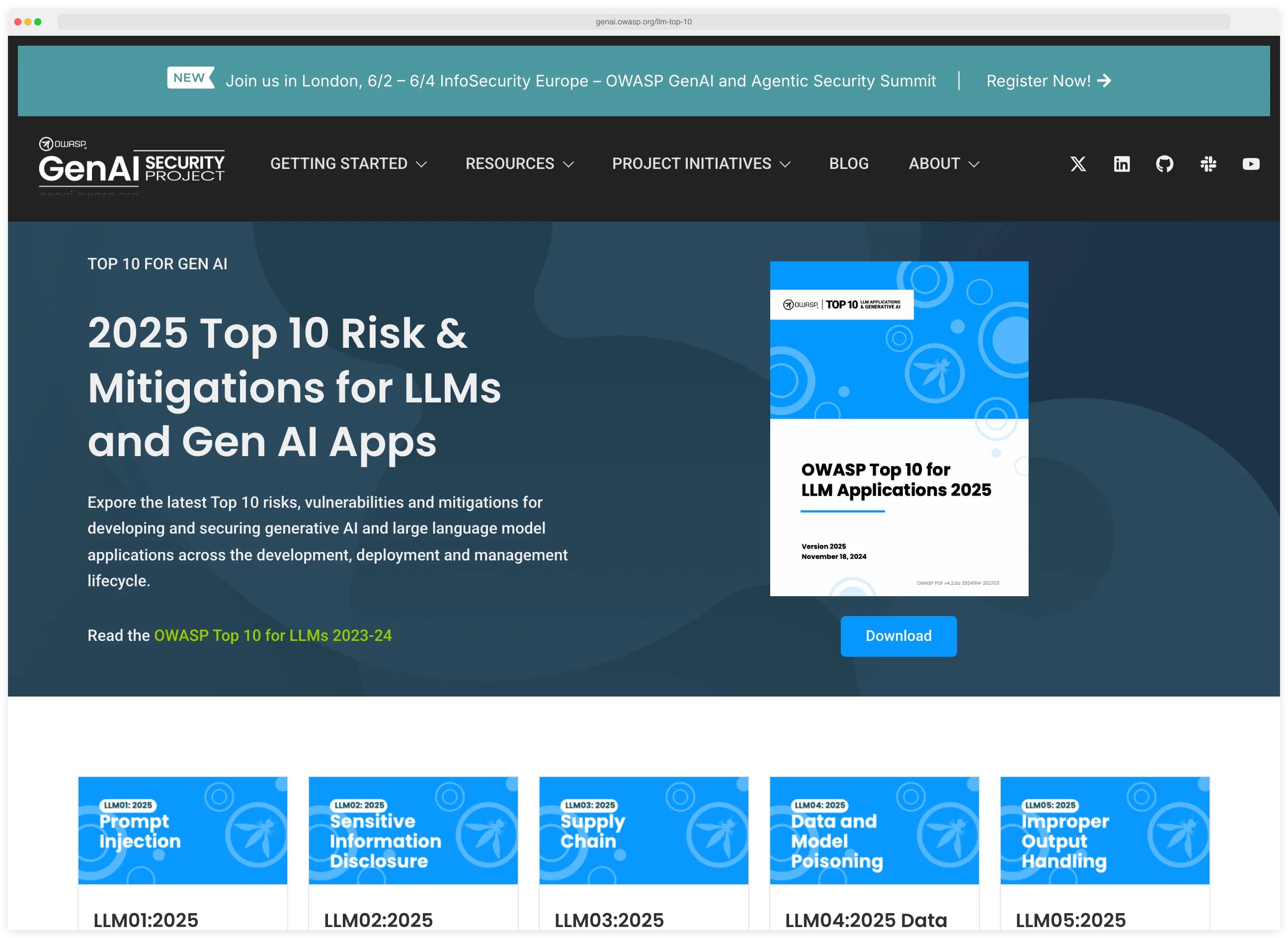 OWASP Gen AI Security Project LLM Top 10 page on genai.owasp.org listing the 10 most critical risks for LLM applications with prompt injection at number 1