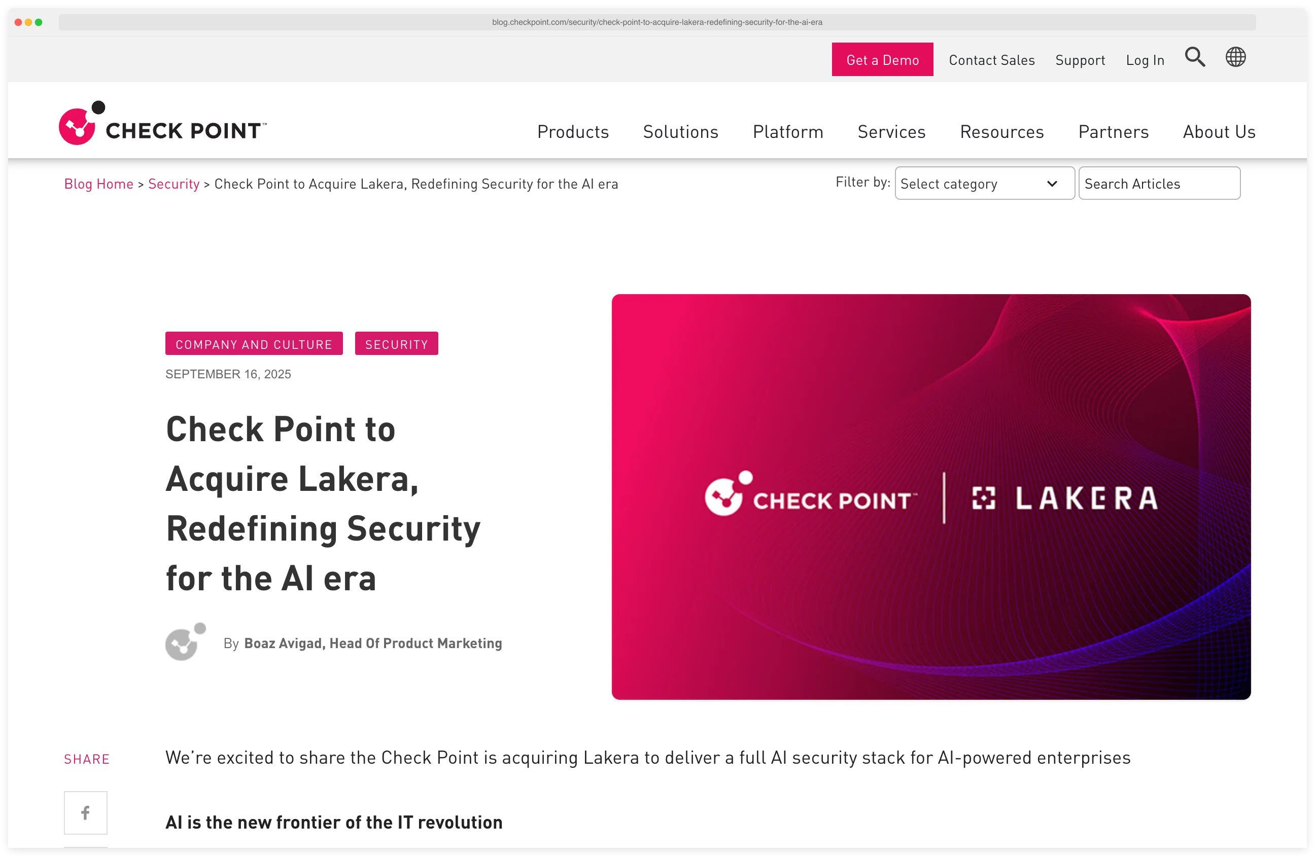 Check Point Software Technologies press release announcing its definitive agreement to acquire Lakera in September 2025