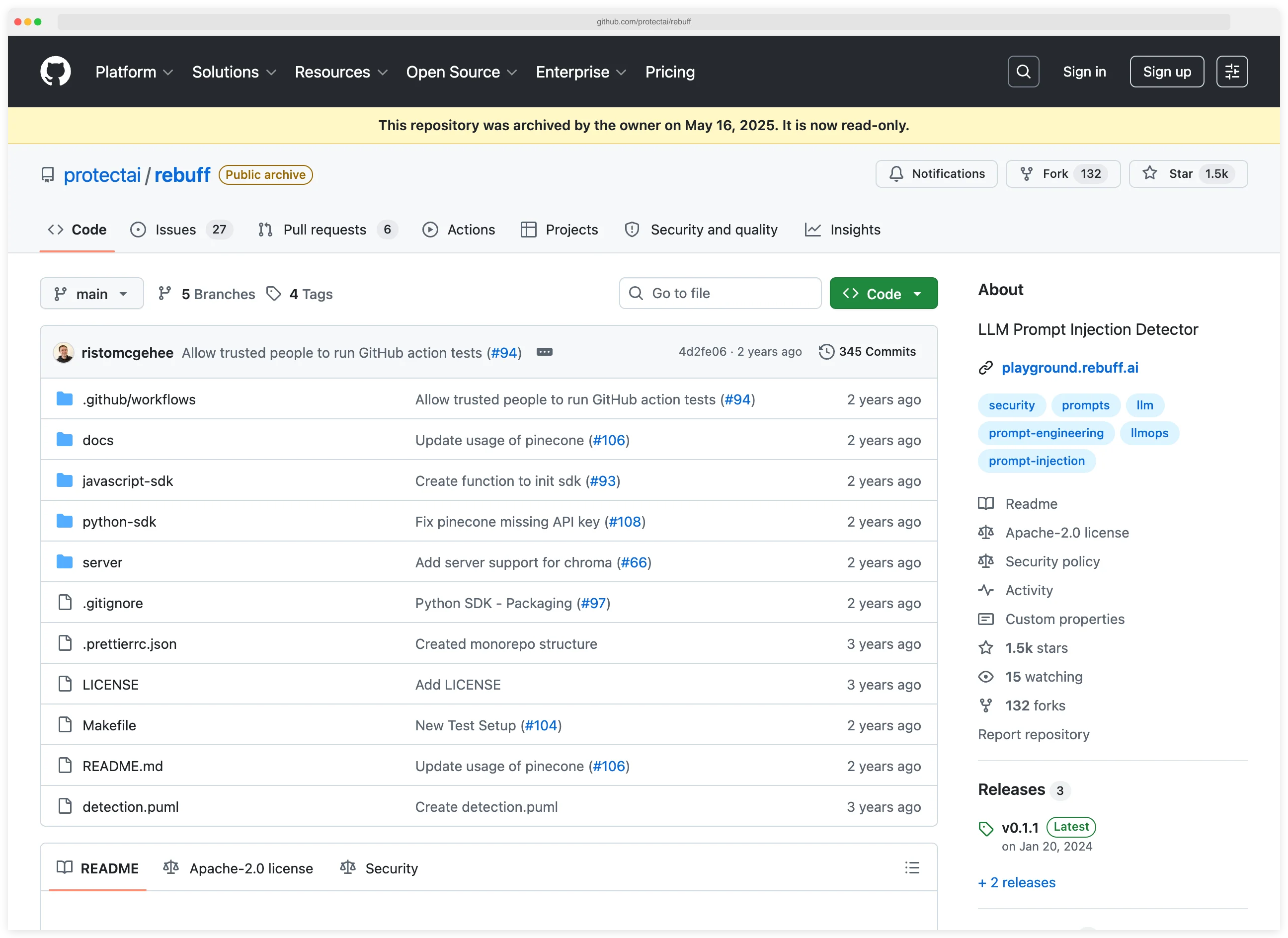 Rebuff GitHub repository page showing the archived banner and read-only status, confirming the project was archived in May 2025