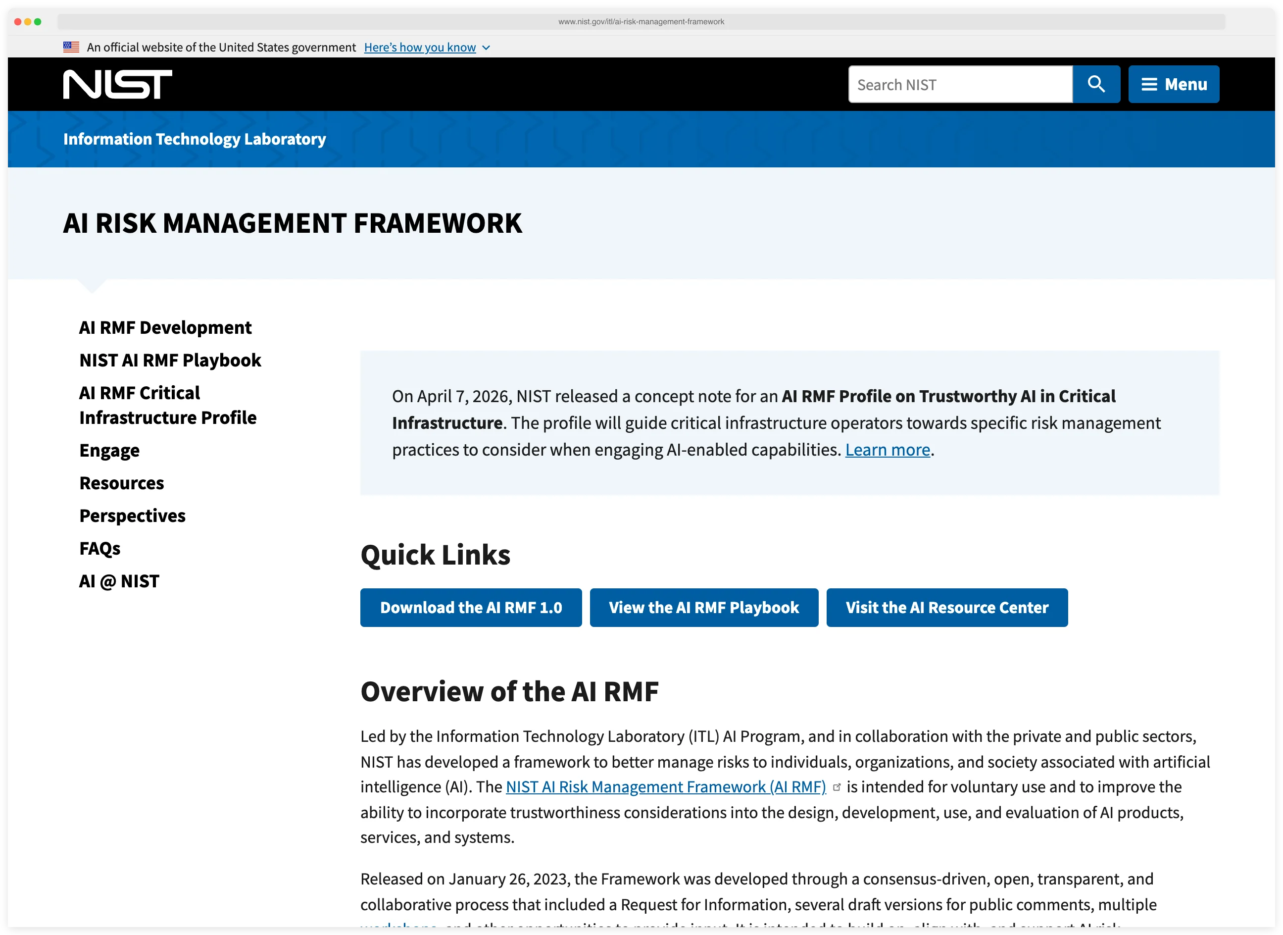 NIST AI Risk Management Framework homepage on nist.gov describing the Govern Map Measure Manage functions of the AI RMF 1.0